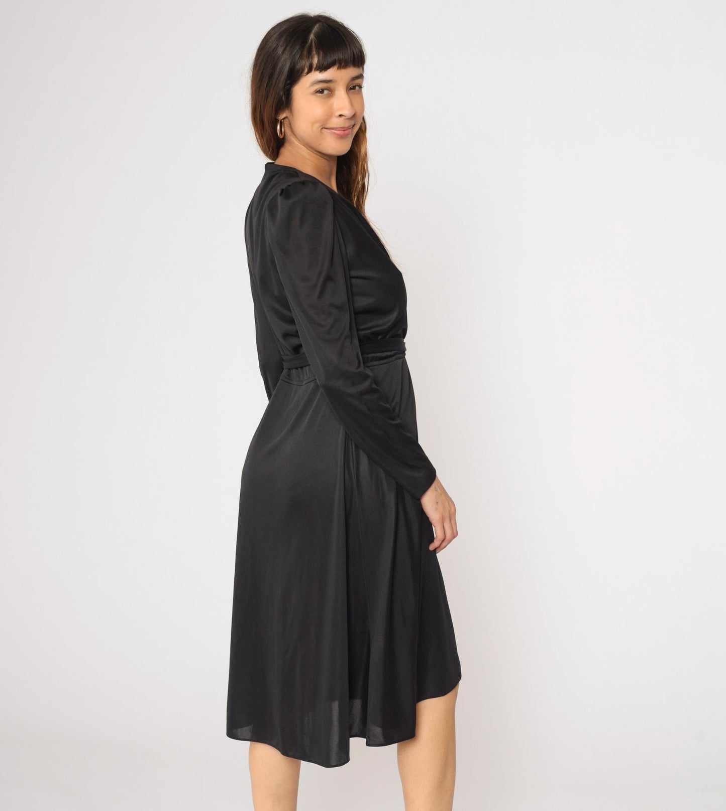 70s Black Wrap Dress Puff Sleeve Deep V Midi High Waist Rhinestone Belt Small