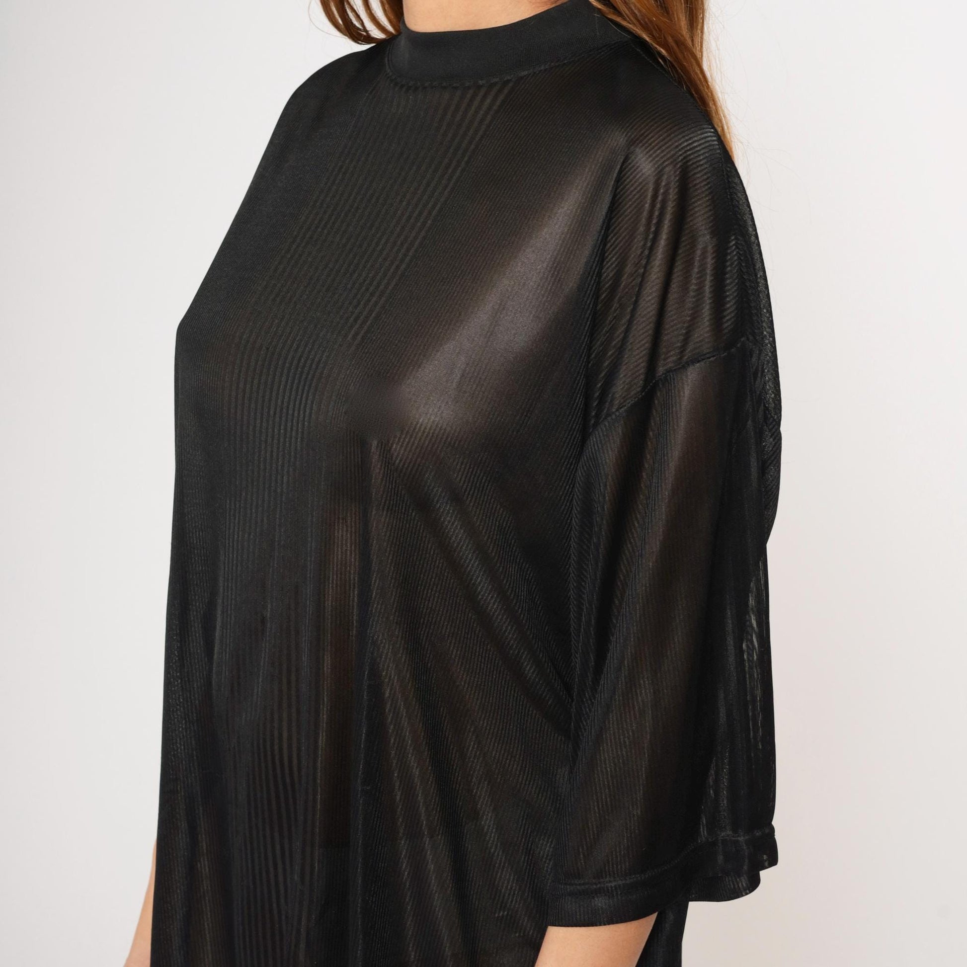 90s Sheer Black Striped Polyester T-Shirt XXL