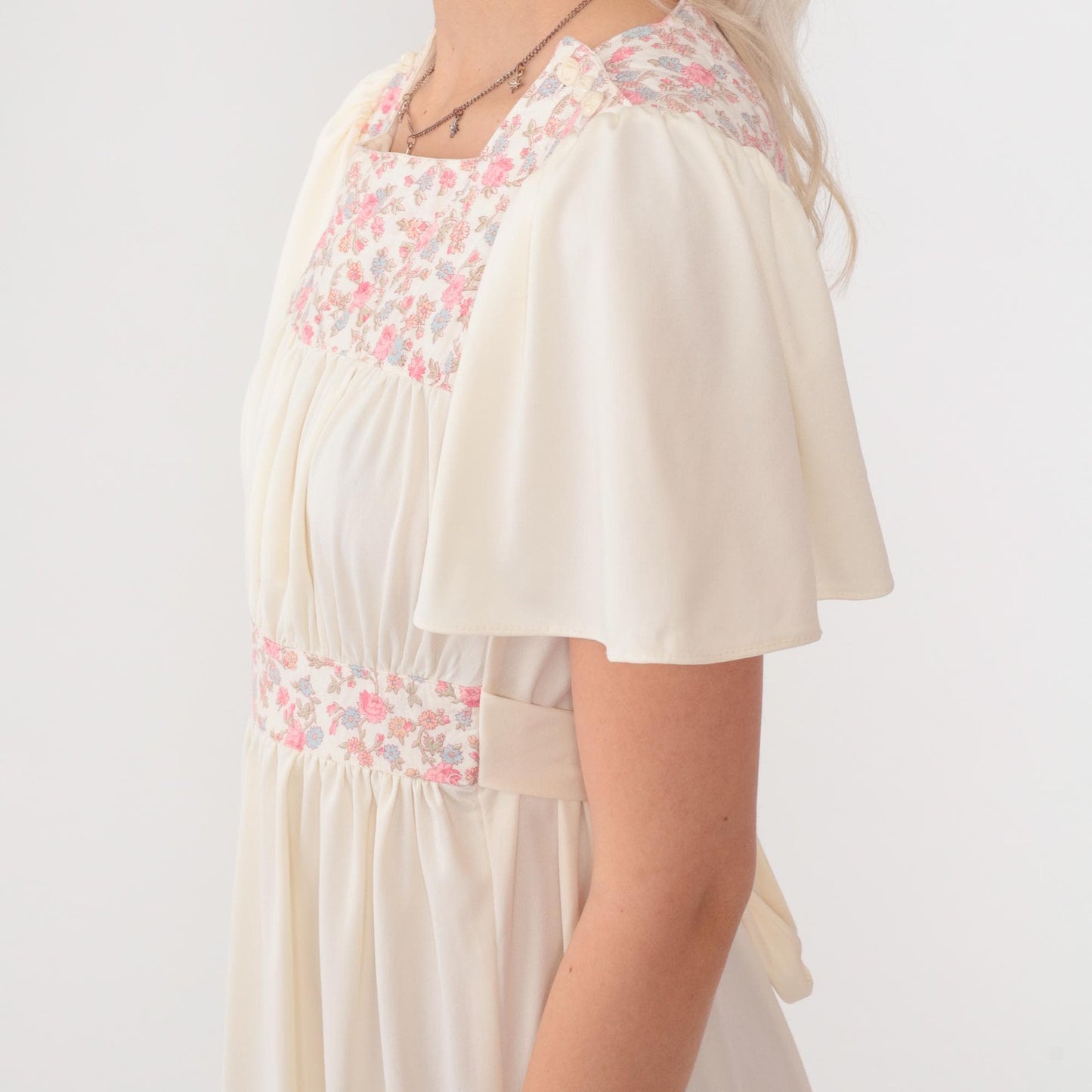 70s White Floral Peasant Mini Dress Flutter Sleeve High Waist Small S