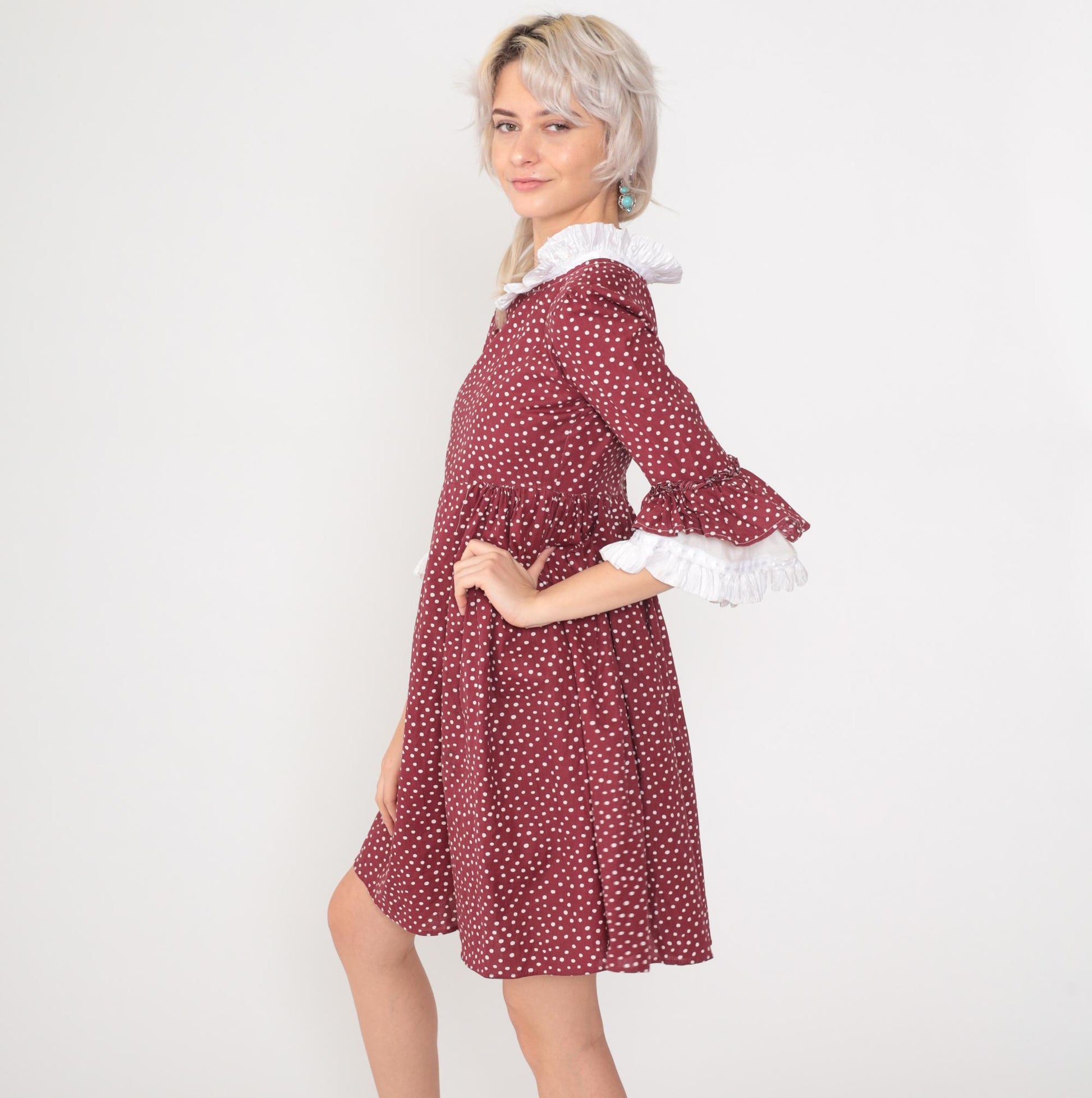 70s Burgundy Polka Dot Prairie Dress Puff Sleeve Ruffle Collar Mini Cotton Extra Small