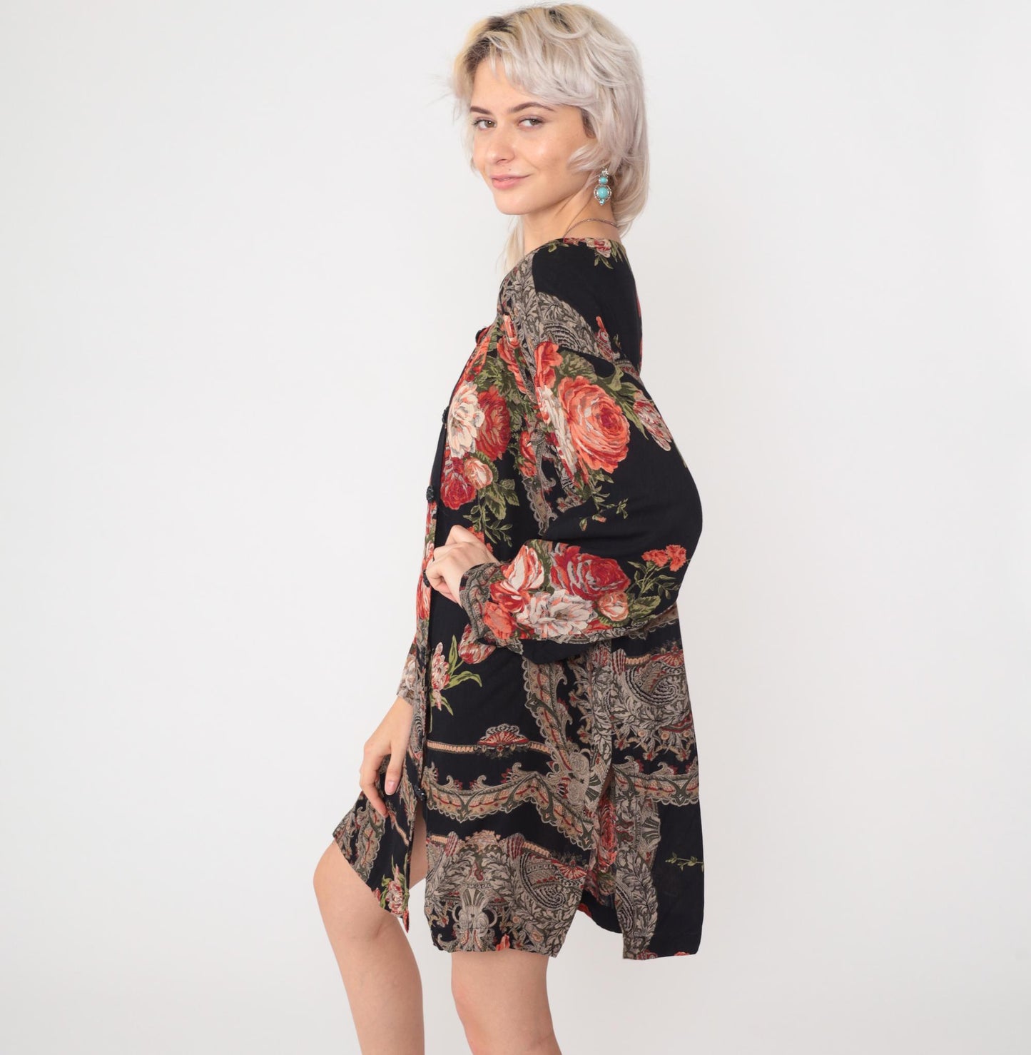90s Frankly Feminine Floral Mini Dress Black Button-Up Shirtdress Medium