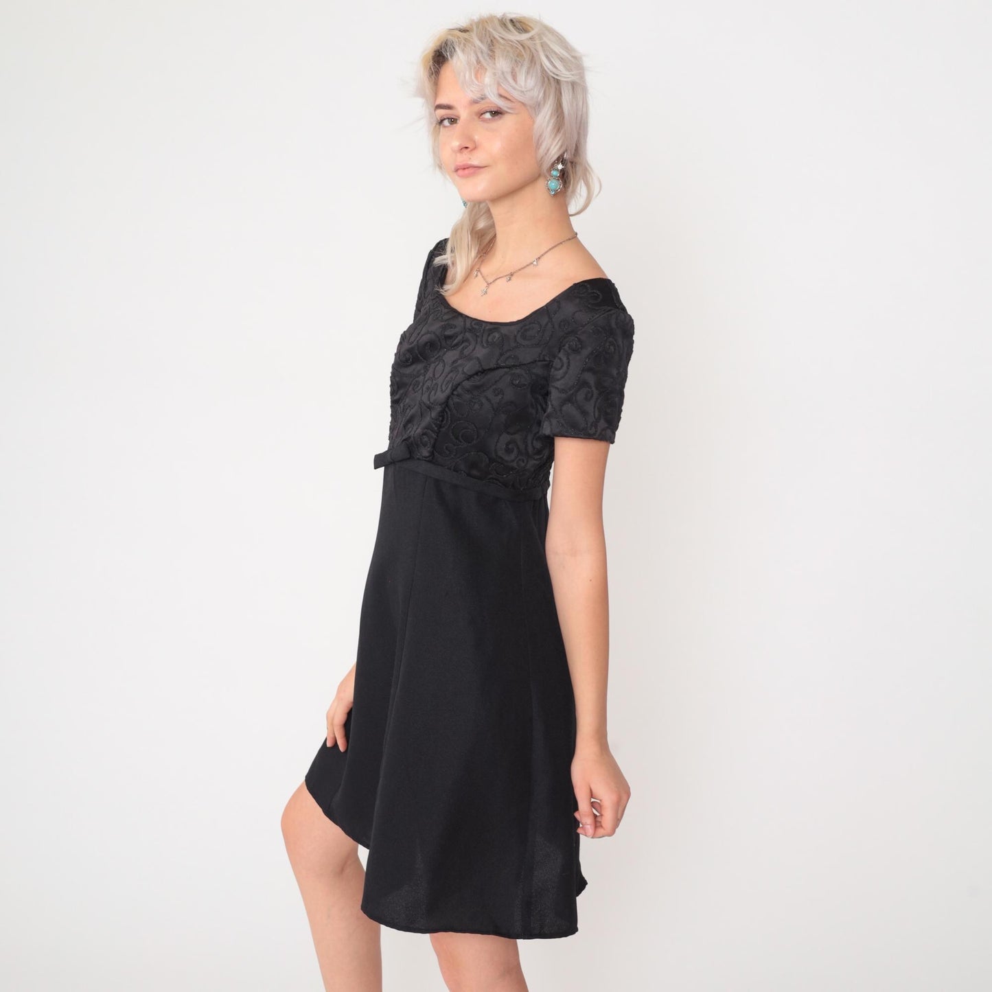 90s Black Micro Beaded Satin Mini Dress Empire Waist Scoop Neck Small 4