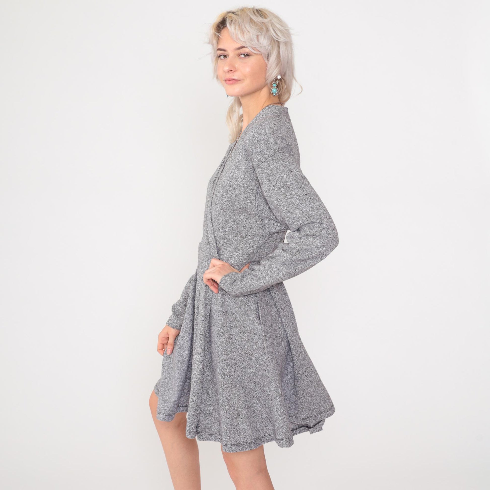 80s Grey Mini Wrap Dress V-Neck Dropped Armhole Long Sleeve Small