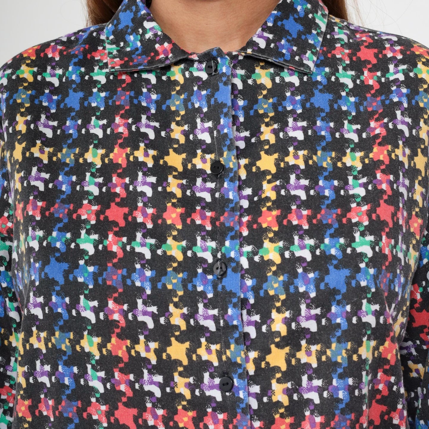 80s Rainbow Plaid Button-Up Blouse Black Checkered Long Sleeve Collared Large L