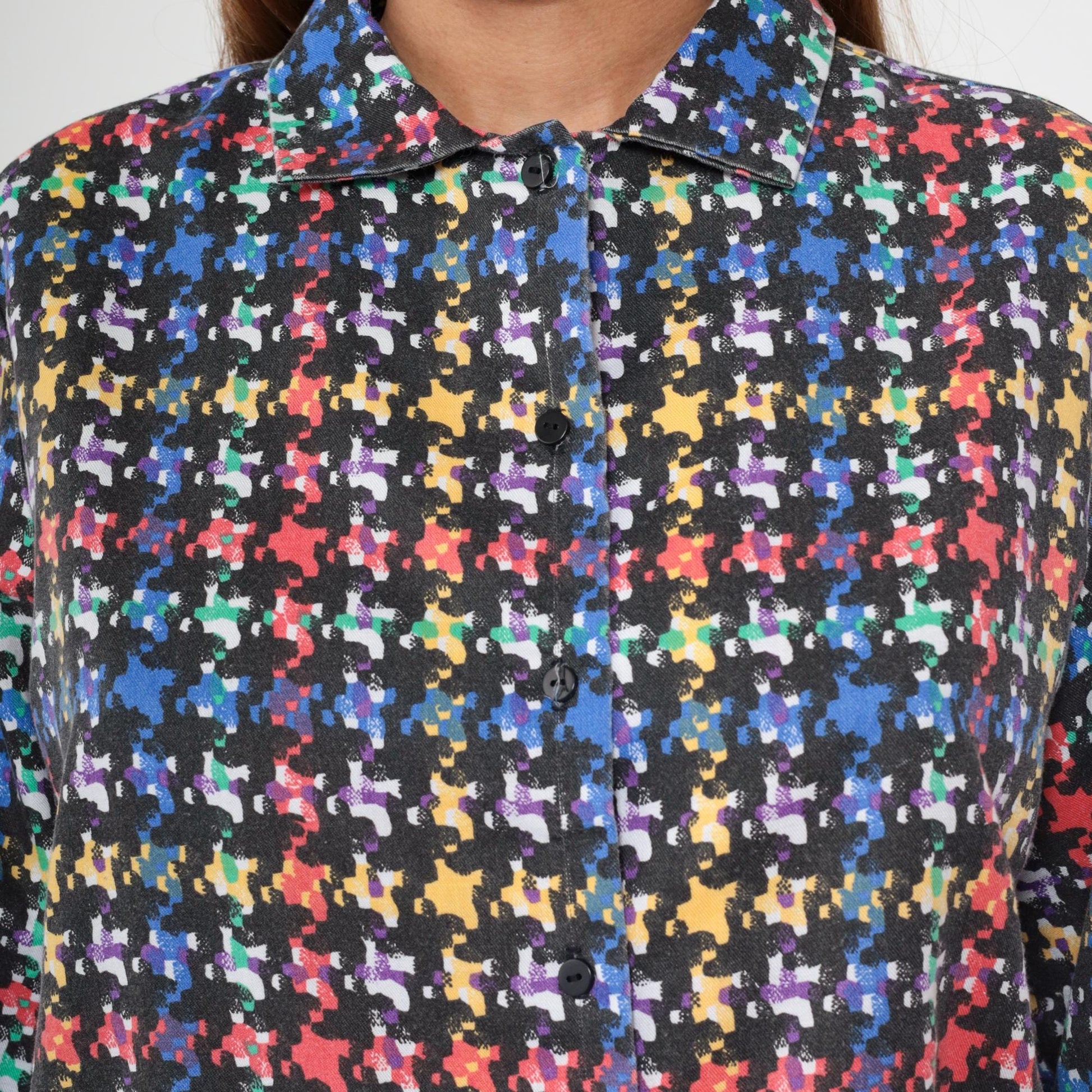 80s Rainbow Plaid Button-Up Blouse Black Checkered Long Sleeve Collared Large L