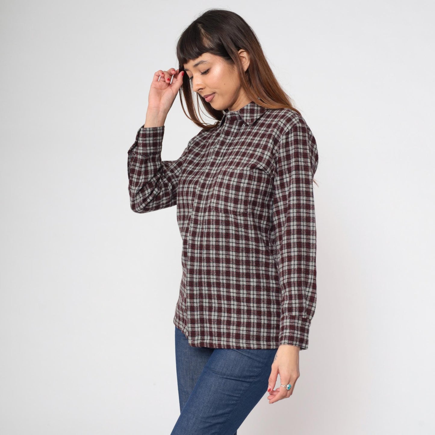 80s Rollex Wool Blend Plaid Button-Up Shirt Grey Red Small