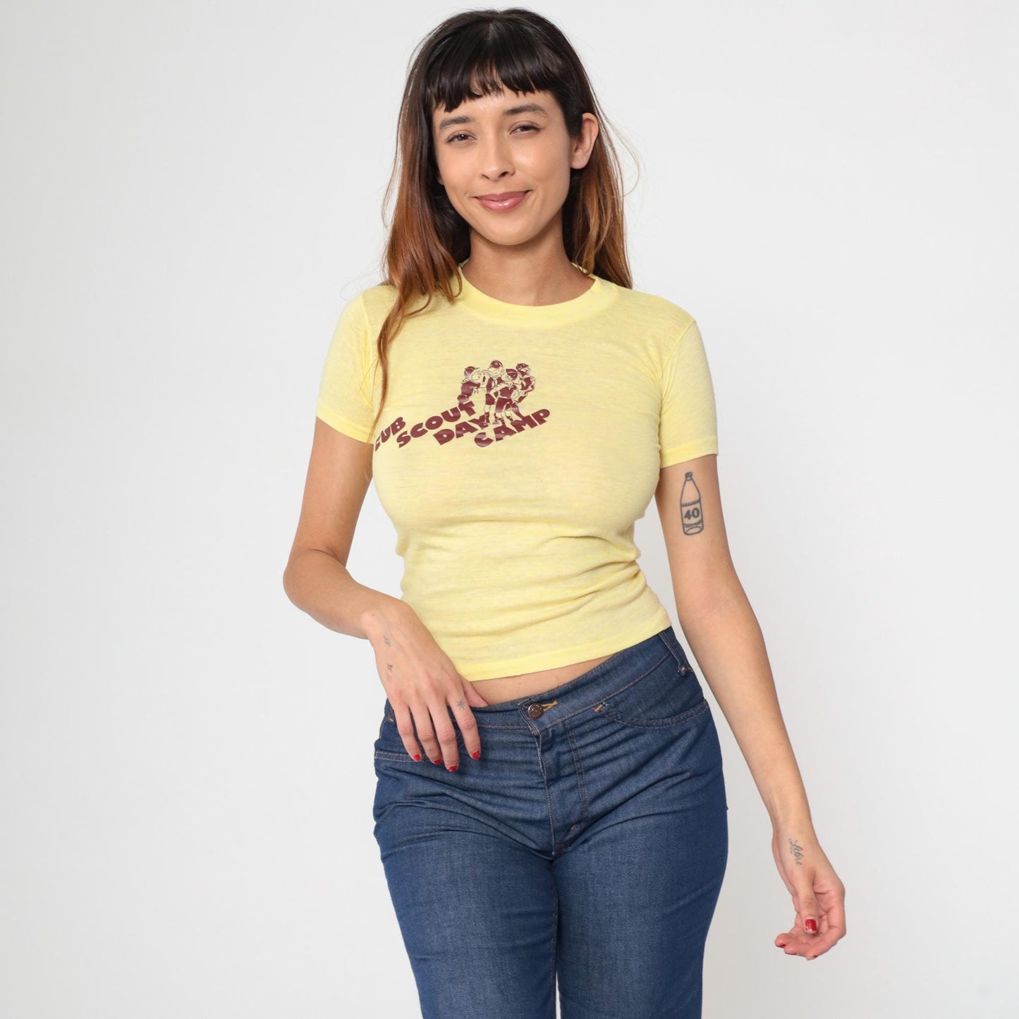 80s Cub Scout Day Camp Graphic Crop Tee Yellow Extra Small