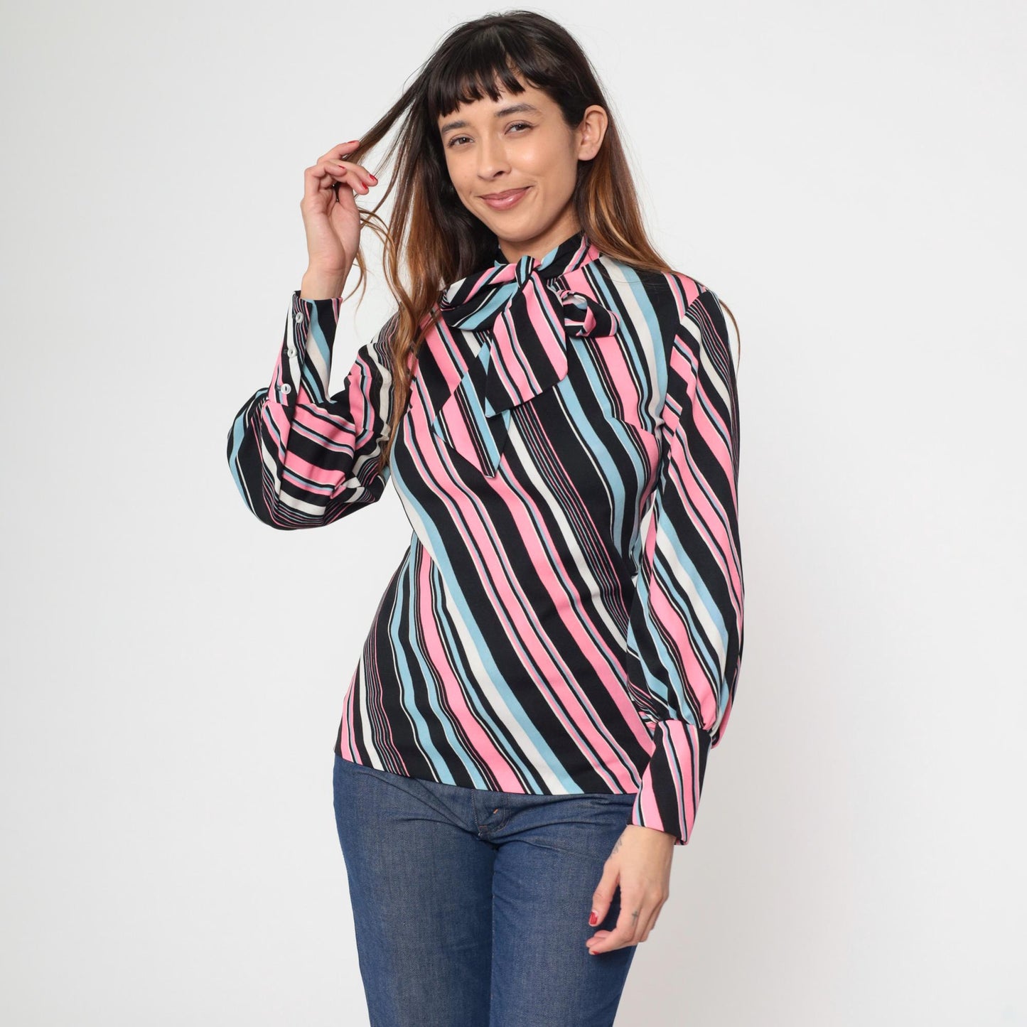 70s The Islander Striped Ascot Blouse Pink Blue Black Long Sleeve Small