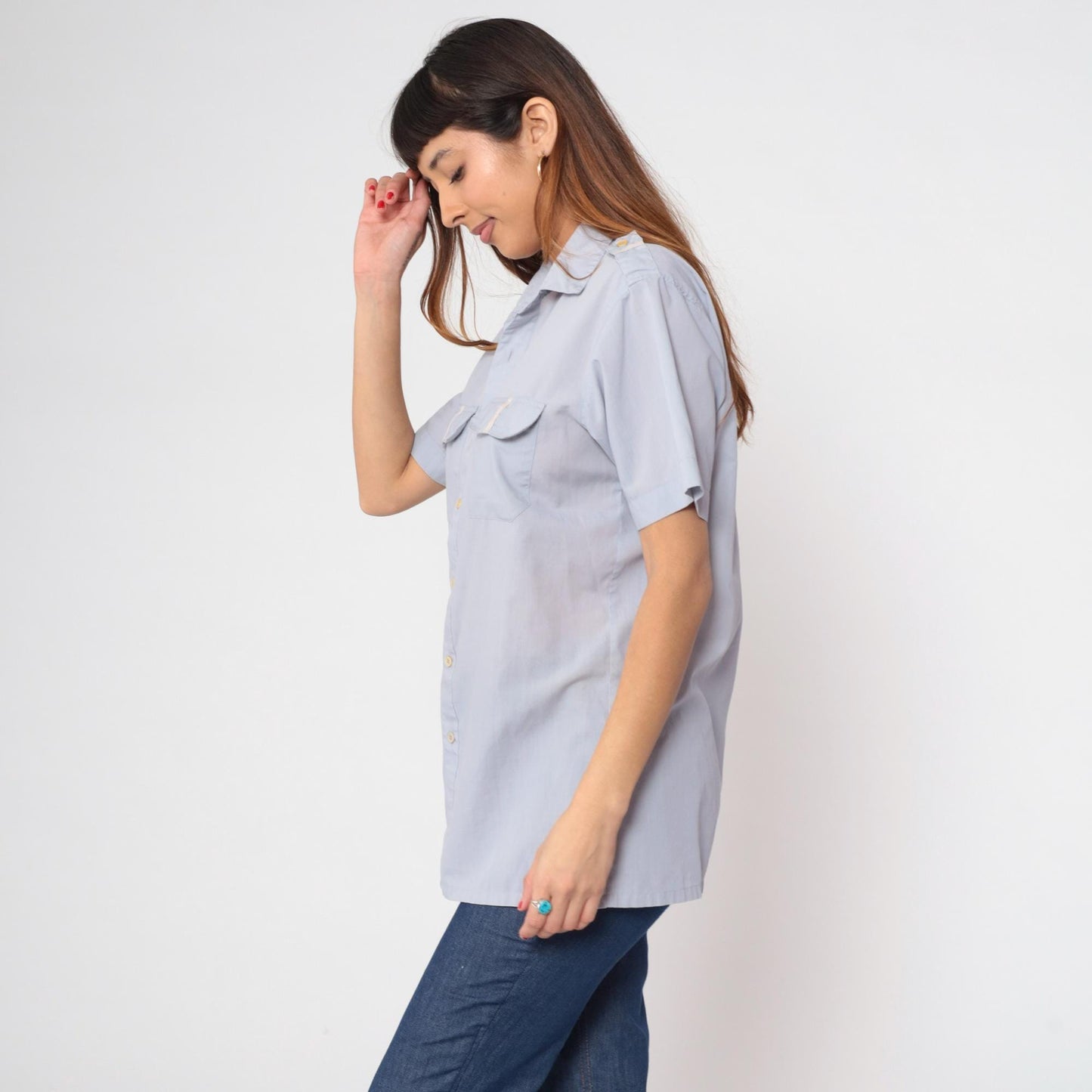 80s Claybrooke Grey-Blue Utility Shirt Button Up Chest Pocket Medium M