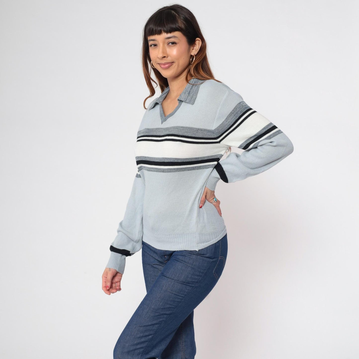 70s Blue Grey Striped Knit Sweater Collared V-Neck Small