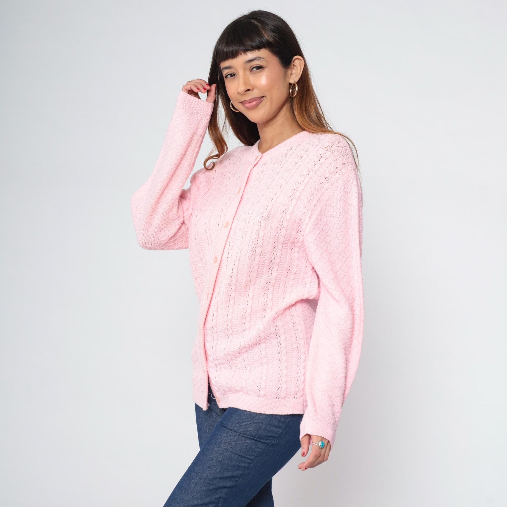 70s Baby Pink Pointelle Cardigan Button-Up Knit Sweater Medium
