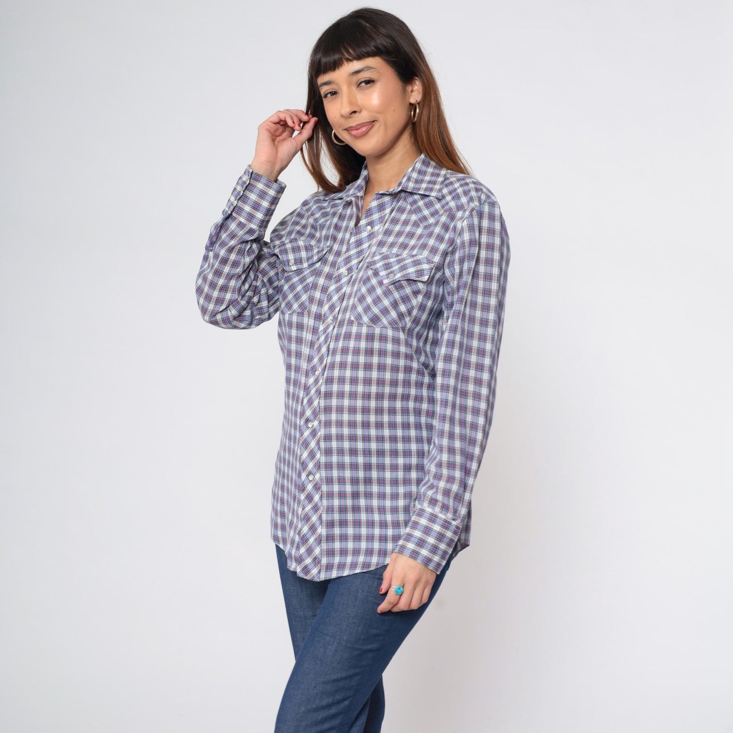 70s Sears Western Wear Plaid Pearl Snap Shirt Blue Red Checkered Men's Medium