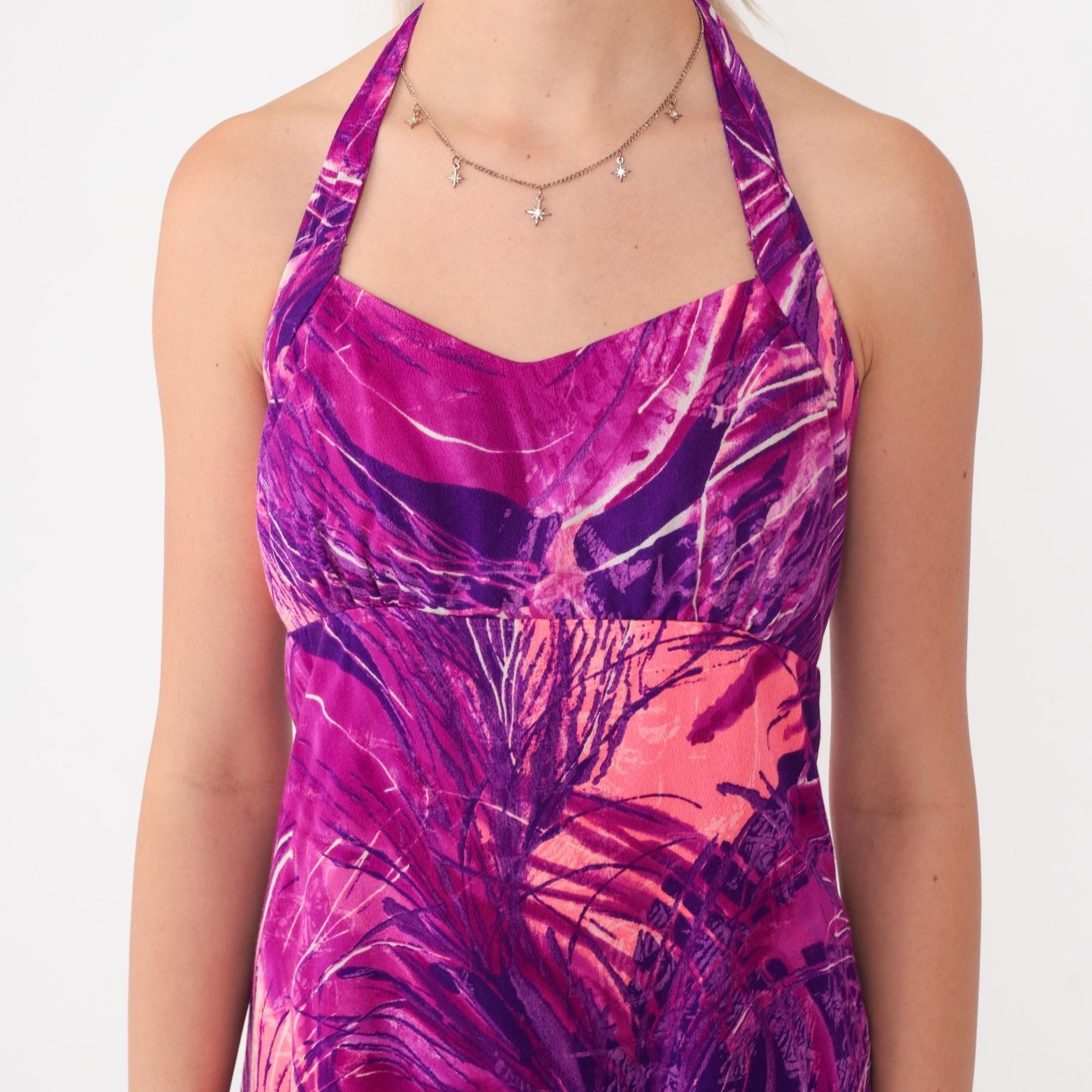 70s Purple Magenta Abstract Halter Mini Dress Empire Waist Extra Small