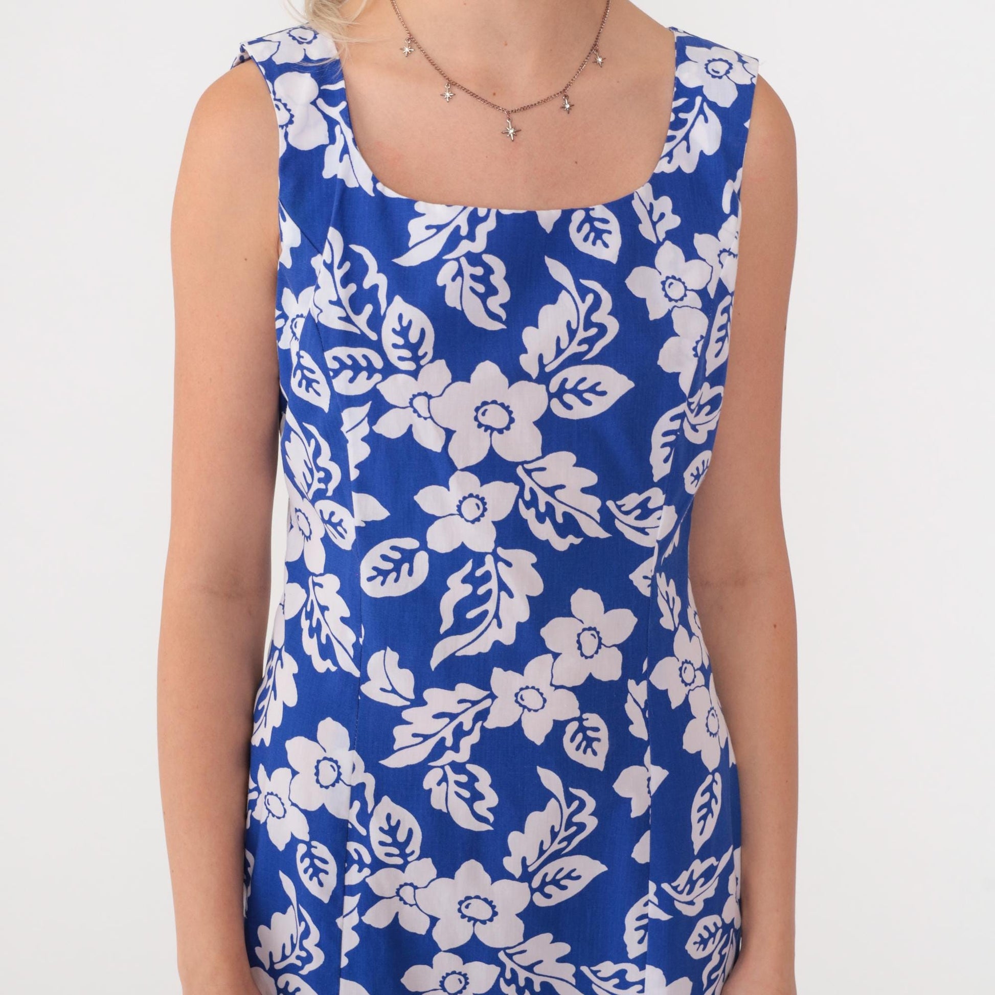 90s Blue Floral Sleeveless Sundress Ankle Length Front Slit Small