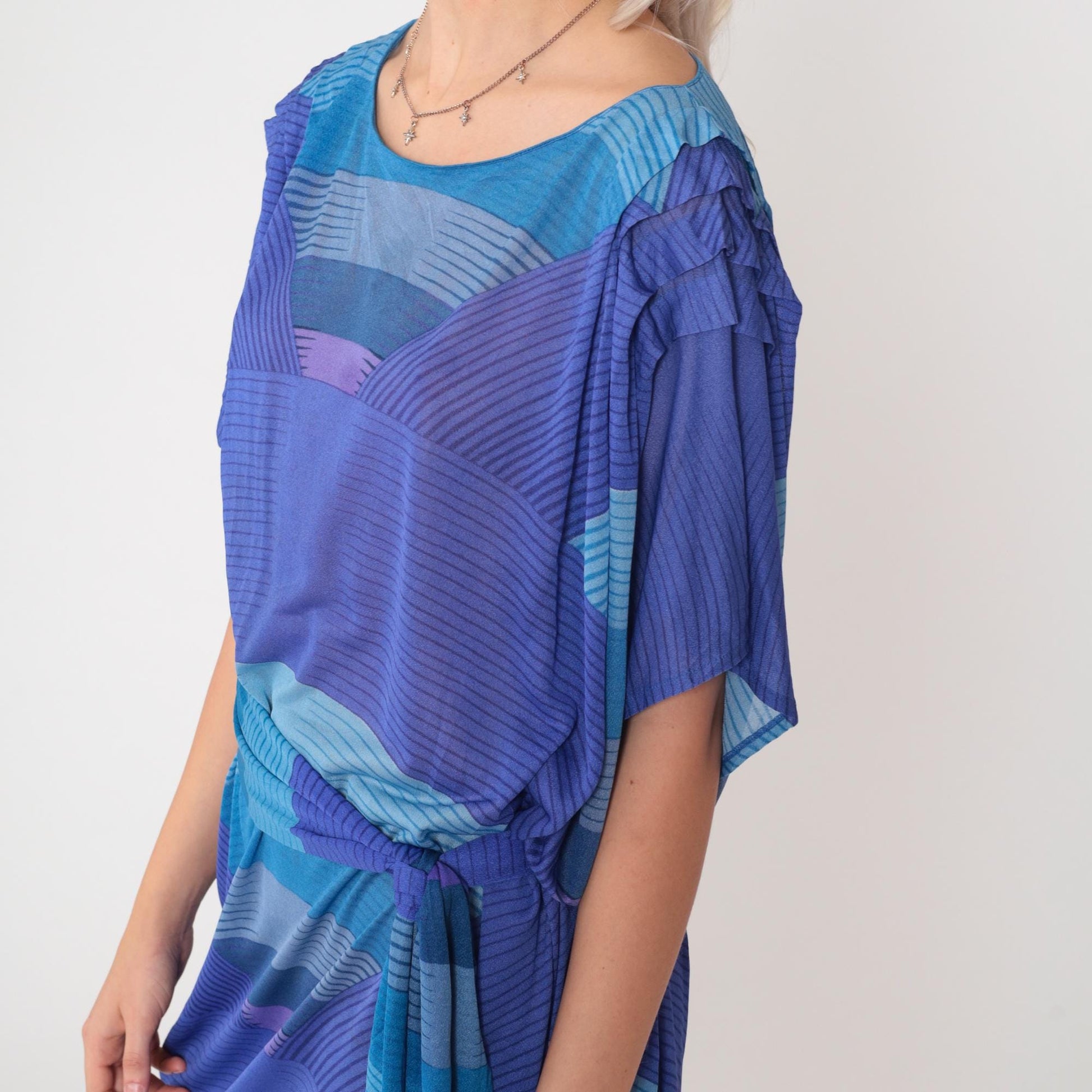 80s Abstract Striped Caftan Maxi Dress Purple Blue Dolman Sleeve Keyhole Extra Large