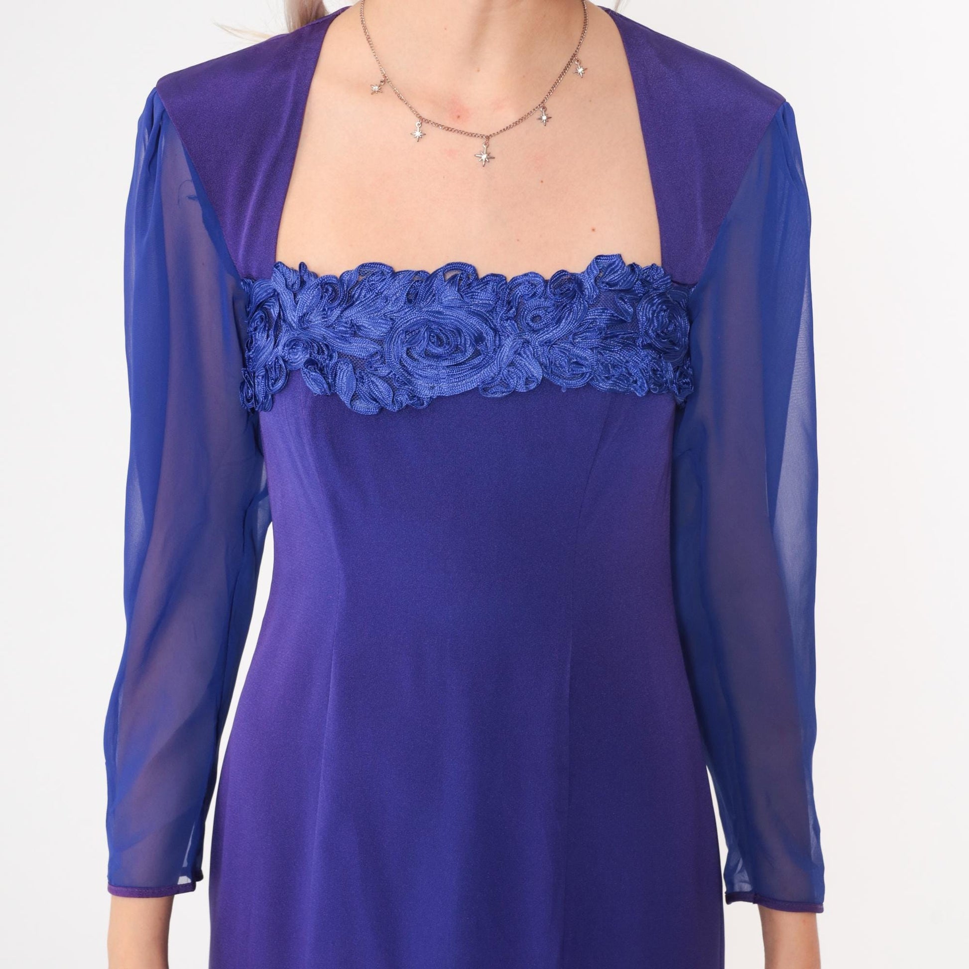 90s Purple Floral Soutache Mini Dress Keyhole Back Chiffon Sleeve Extra Small