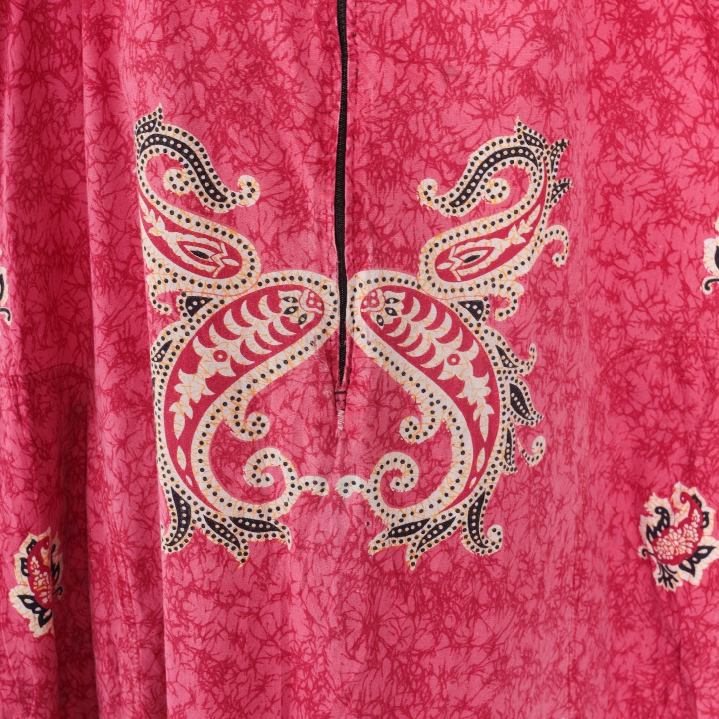 90s Pink Batik Paisley Midi Dress Front Zipper Shift Short Sleeve Large L