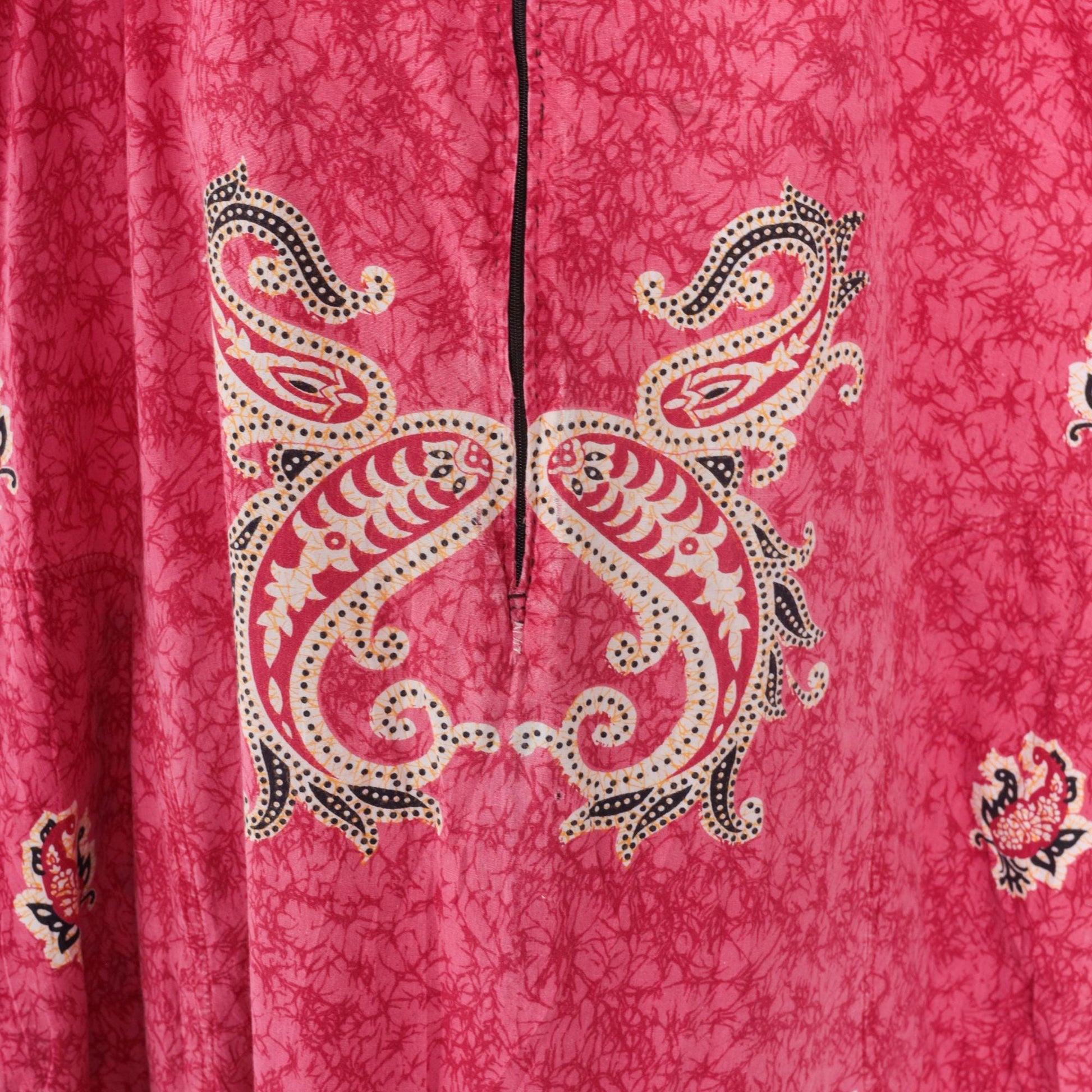 90s Pink Batik Paisley Midi Dress Front Zipper Shift Short Sleeve Large L