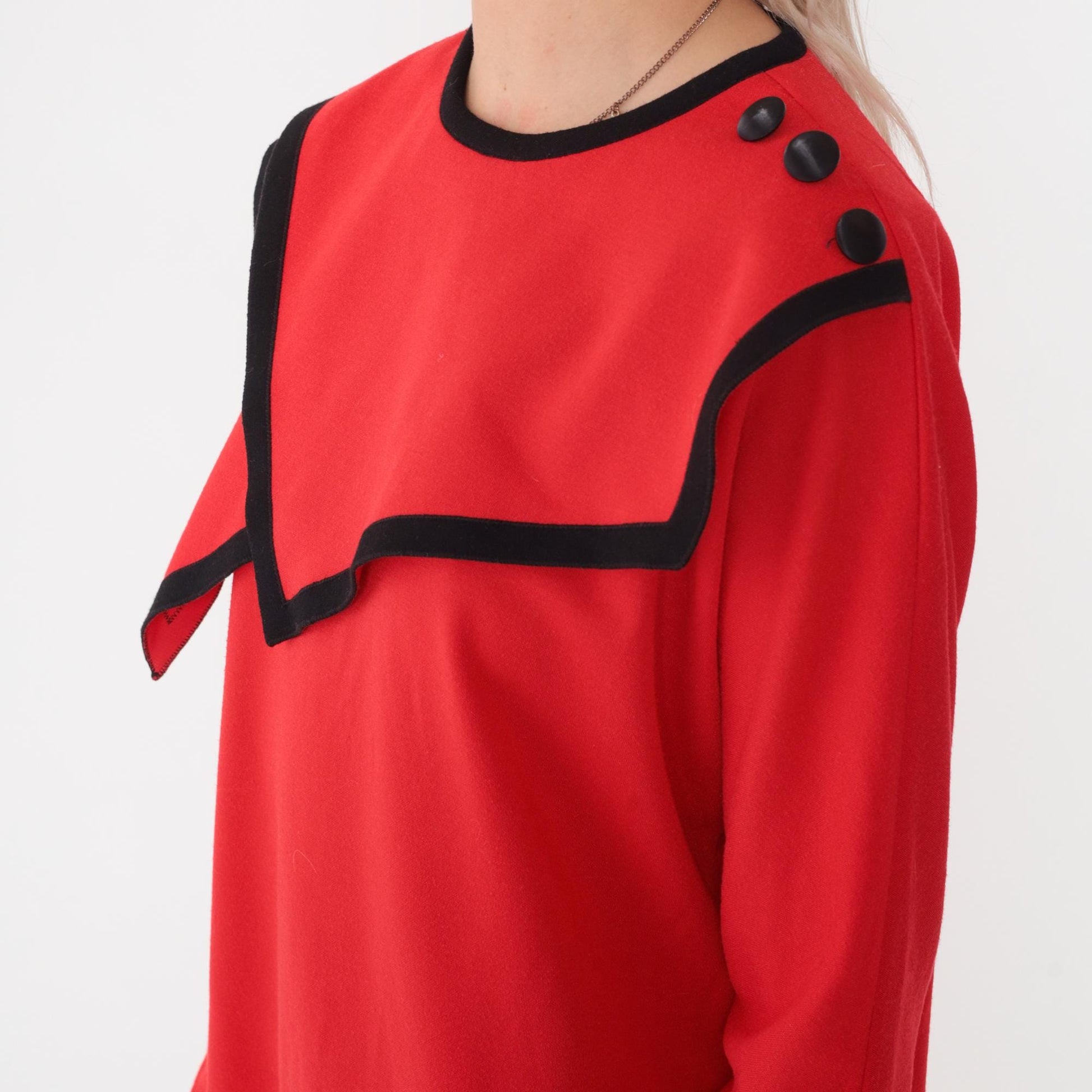 80s Leslie Fay Red Mini Dress Asymmetrical Sailor Collar Long Sleeve Medium