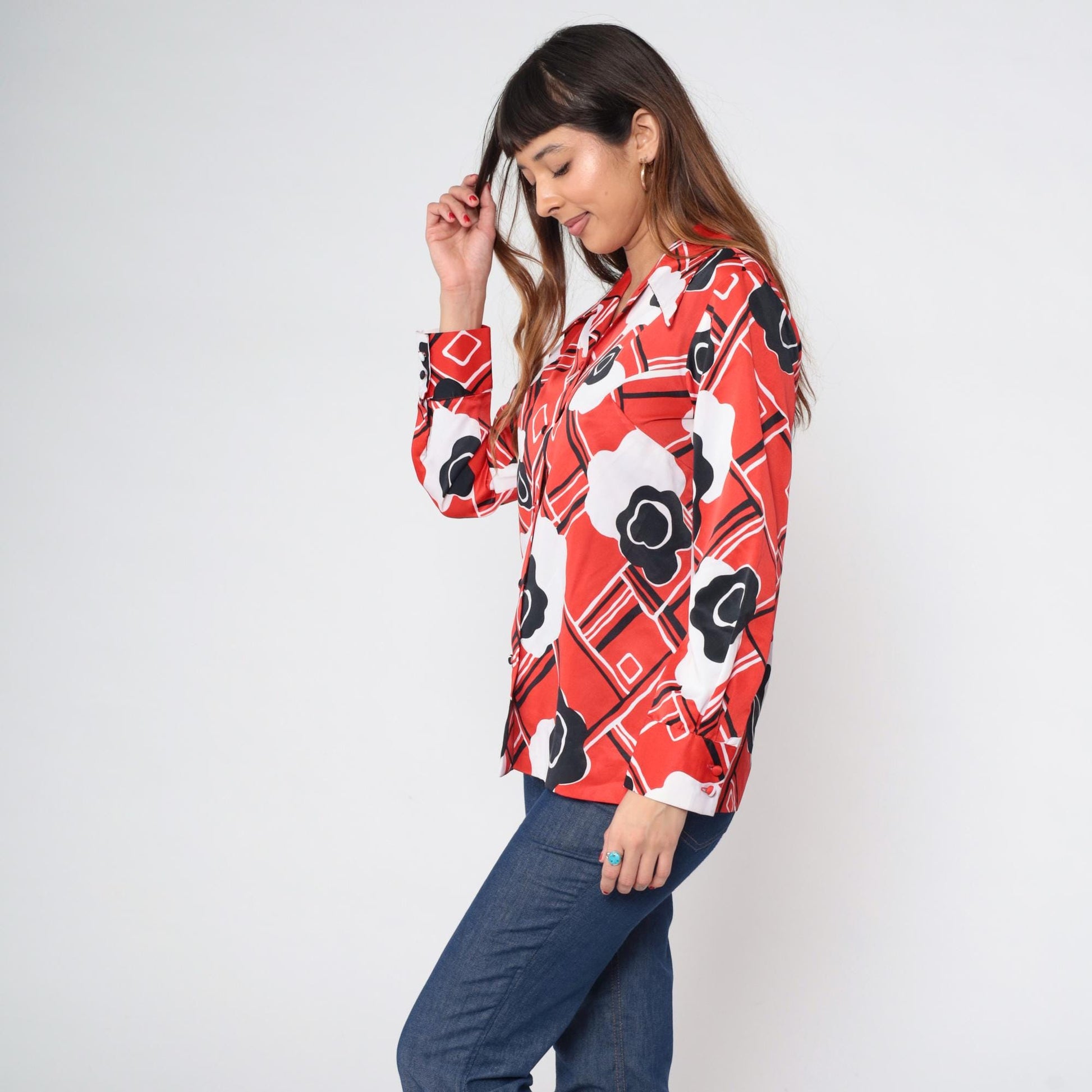 70s Print Bazaar Red Checkered Floral Button-Up Blouse Dagger Collar Medium