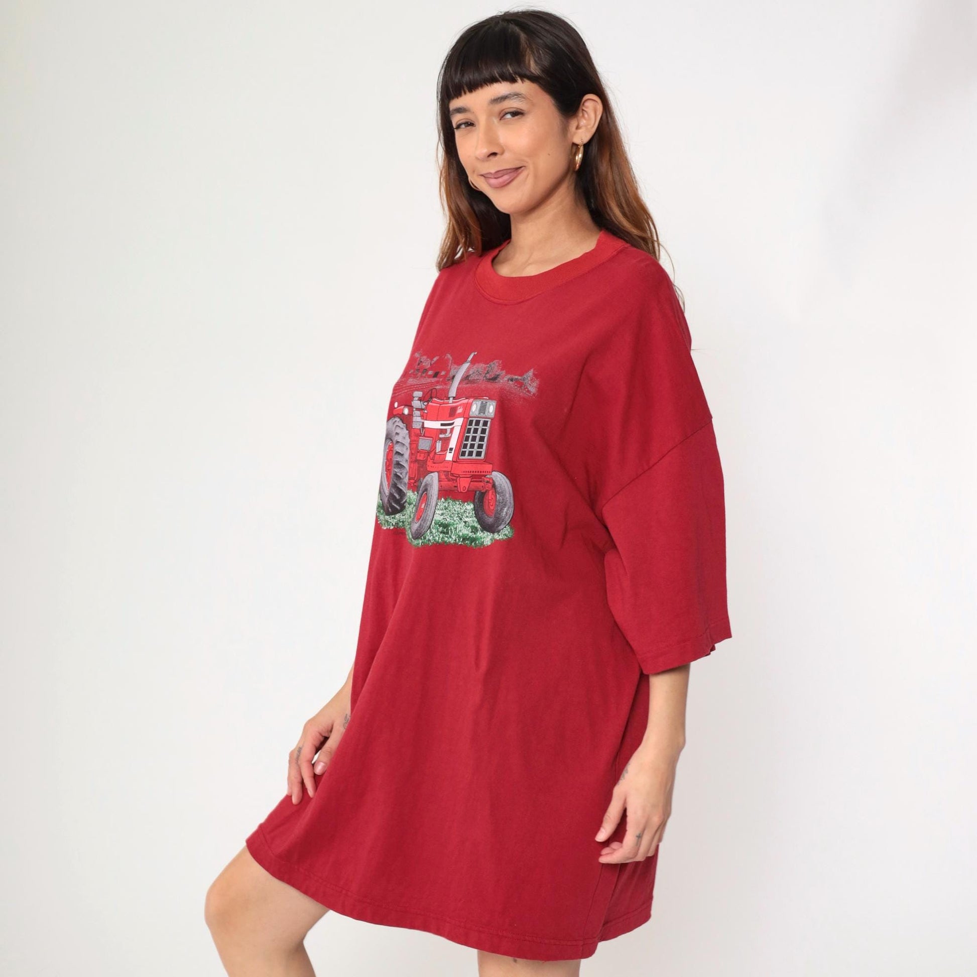 90s Red Tractor Farm Graphic T-Shirt Dress Cotton Crewneck Plus Size XXL