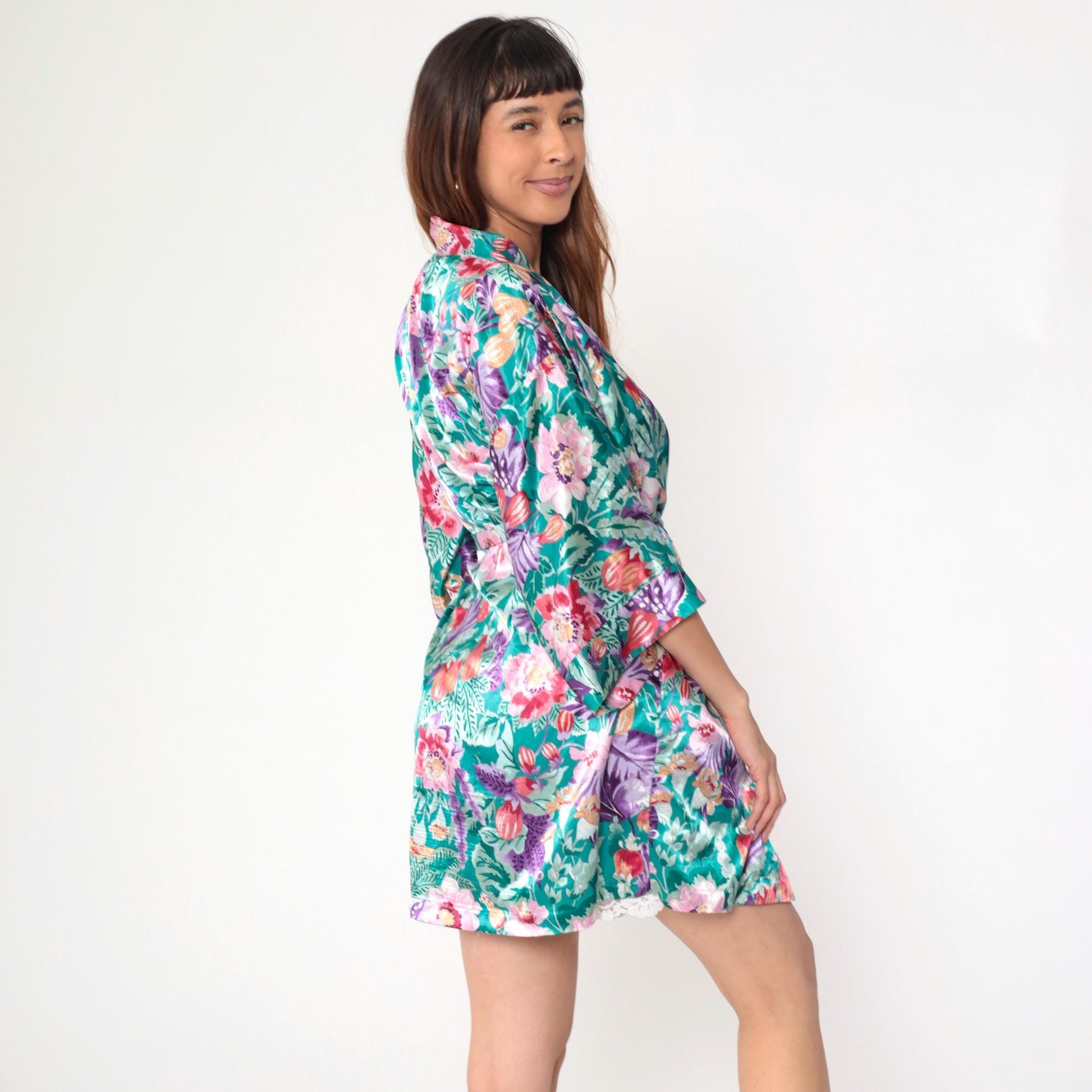 90s Floral Satin Kimono Robe Mini Green Wrap Front Small Medium Large