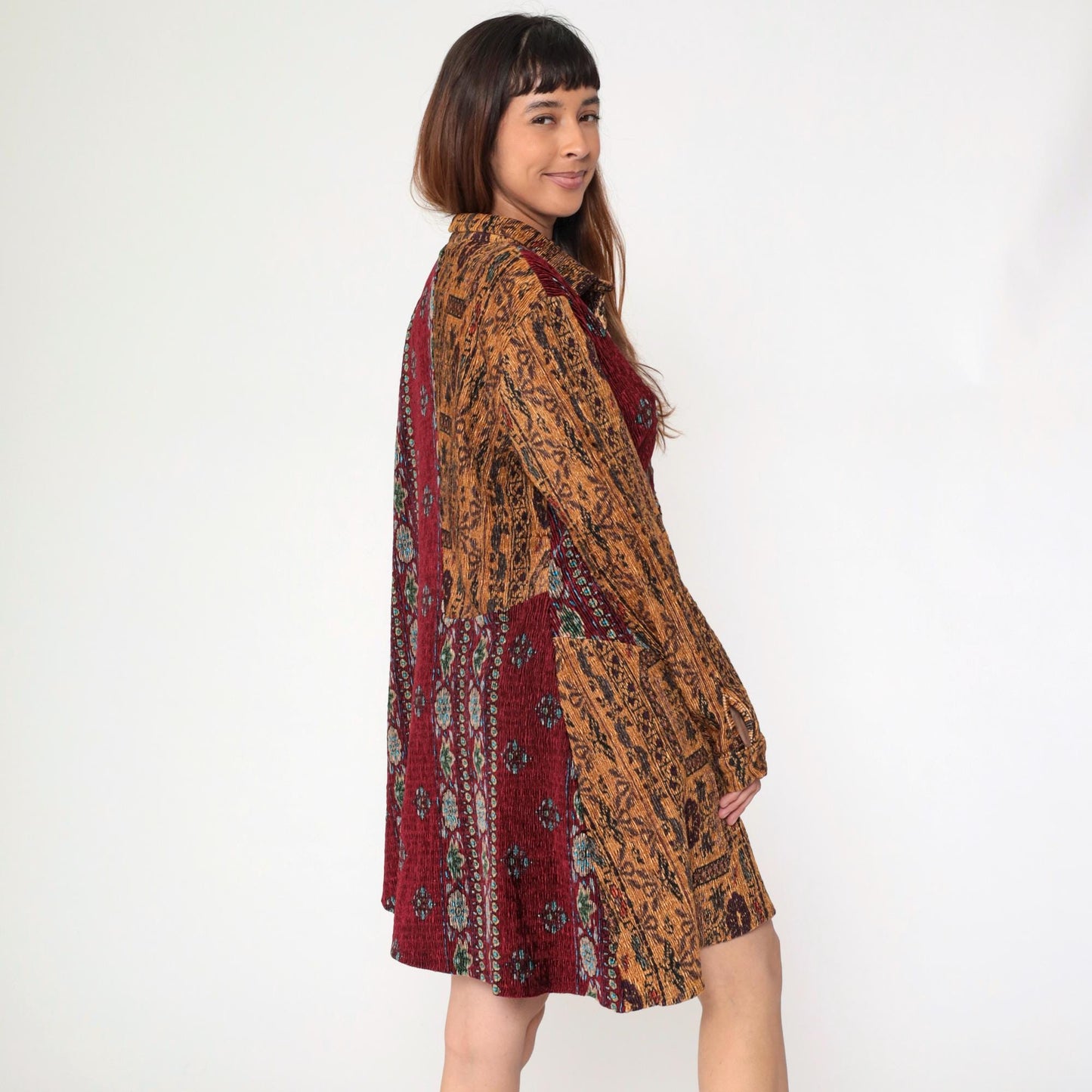 90s Paris Hues Floral Crinkle Mini Dress Burgundy Brown Asymmetrical Hem Medium Large
