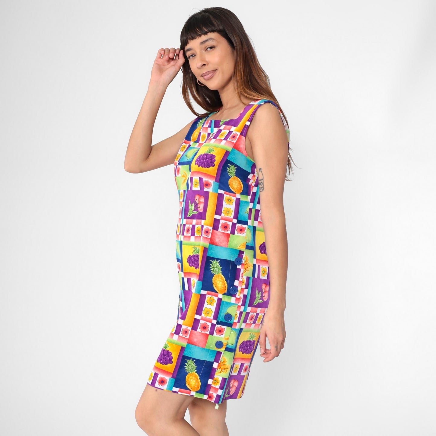 90s Sag Harbor Fruit Floral Mini Dress Sleeveless Square Neck Sheath Medium Petite