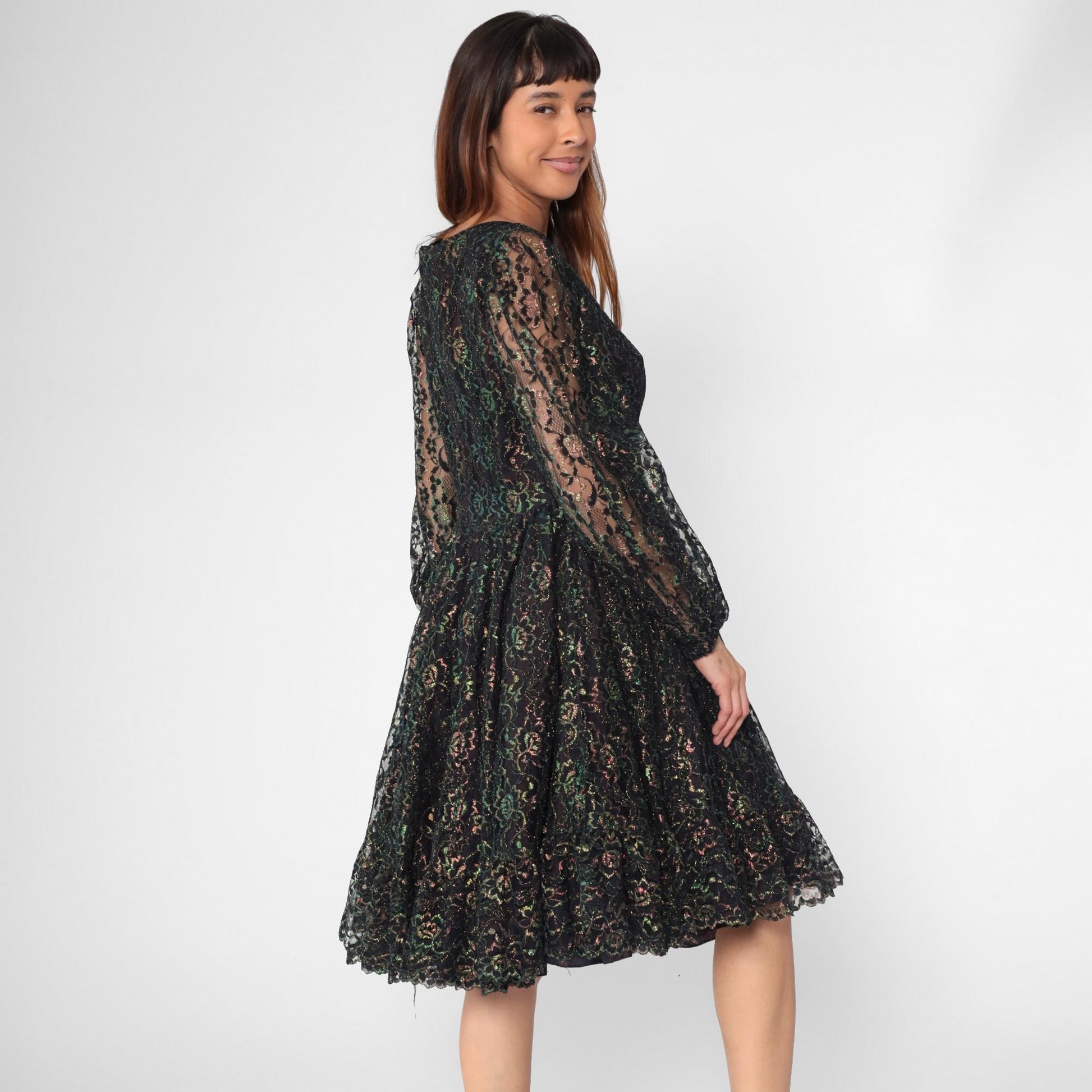 1960s Black Iridescent Lace Dress Sheer Sleeves High Waist Knee Length Medium M