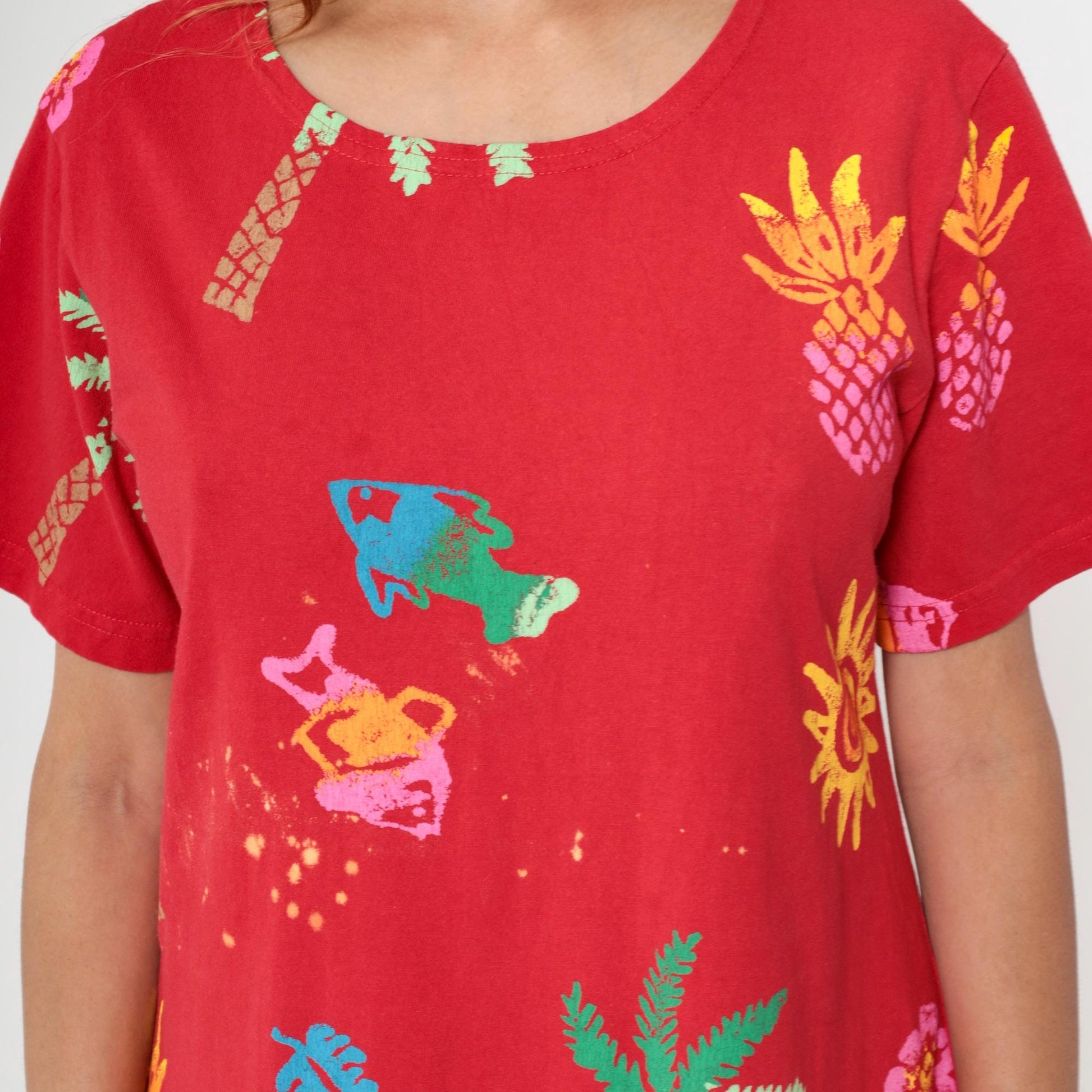 90s Coconut Bay Fish Print Midi Dress Red Tropical Shift Medium