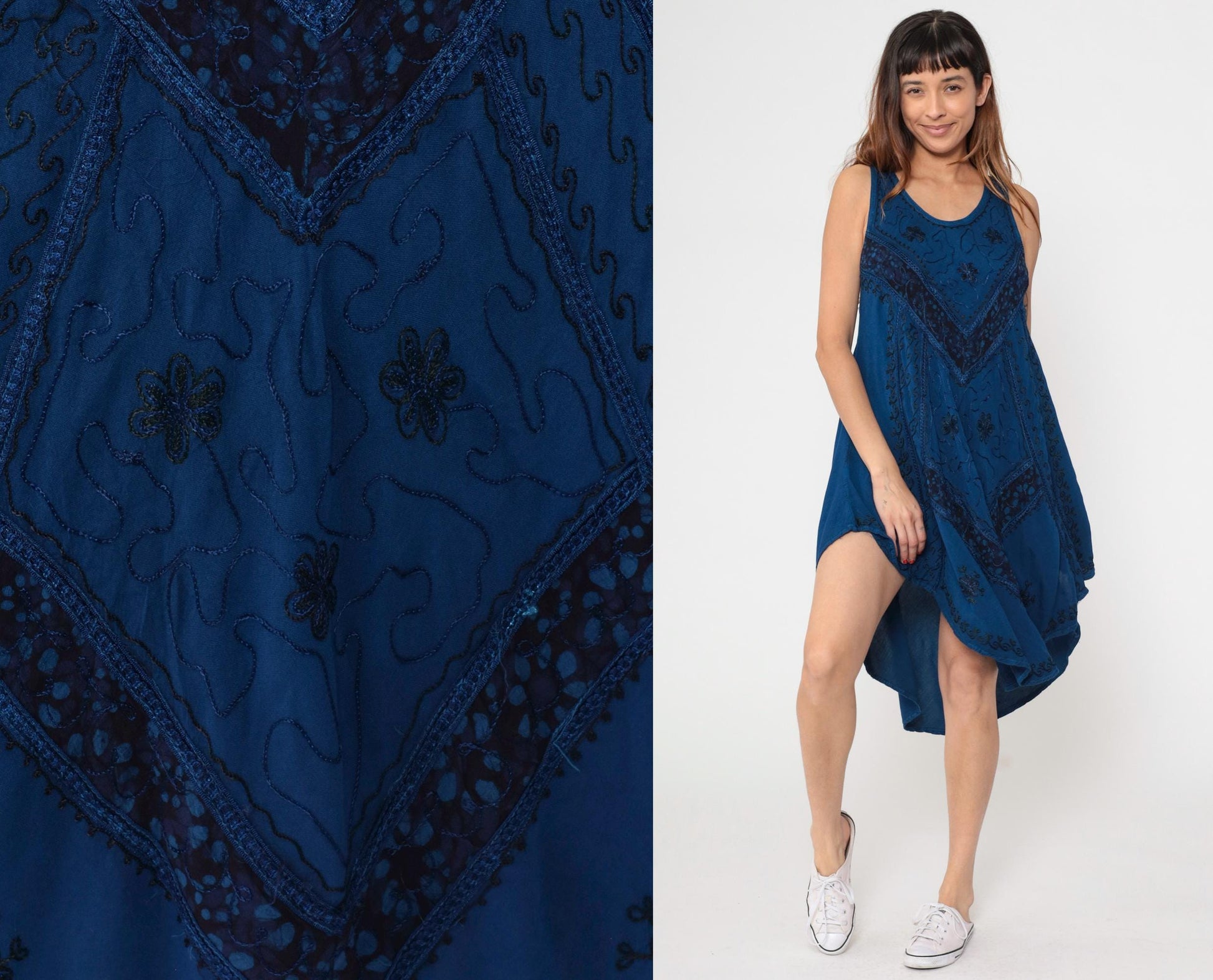 Y2K Dark Blue Embroidered Sundress Asymmetrical Hem Trapeze Cut Medium M