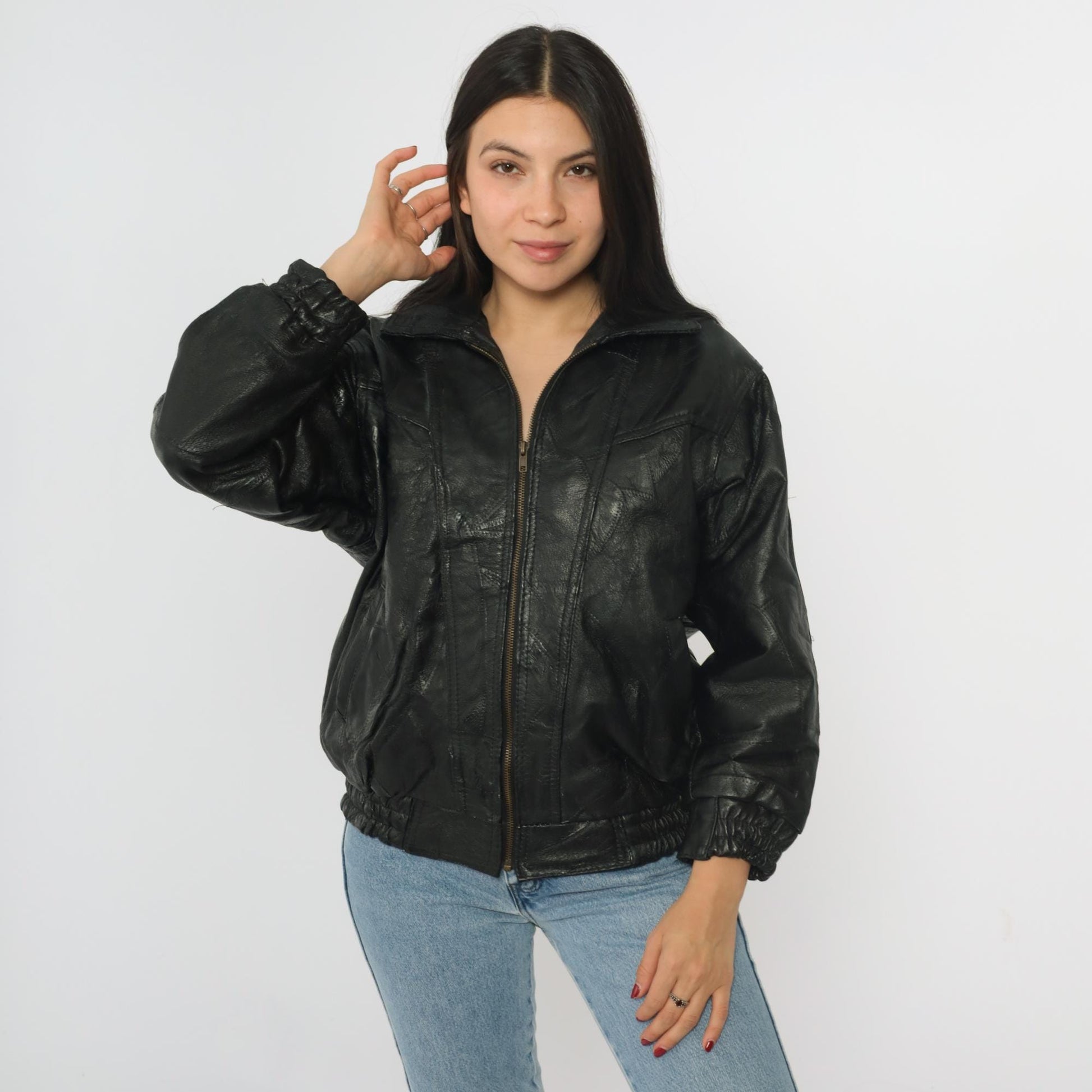 90s Elias de Soto Black Patchwork Leather Bomber Jacket Women's Large