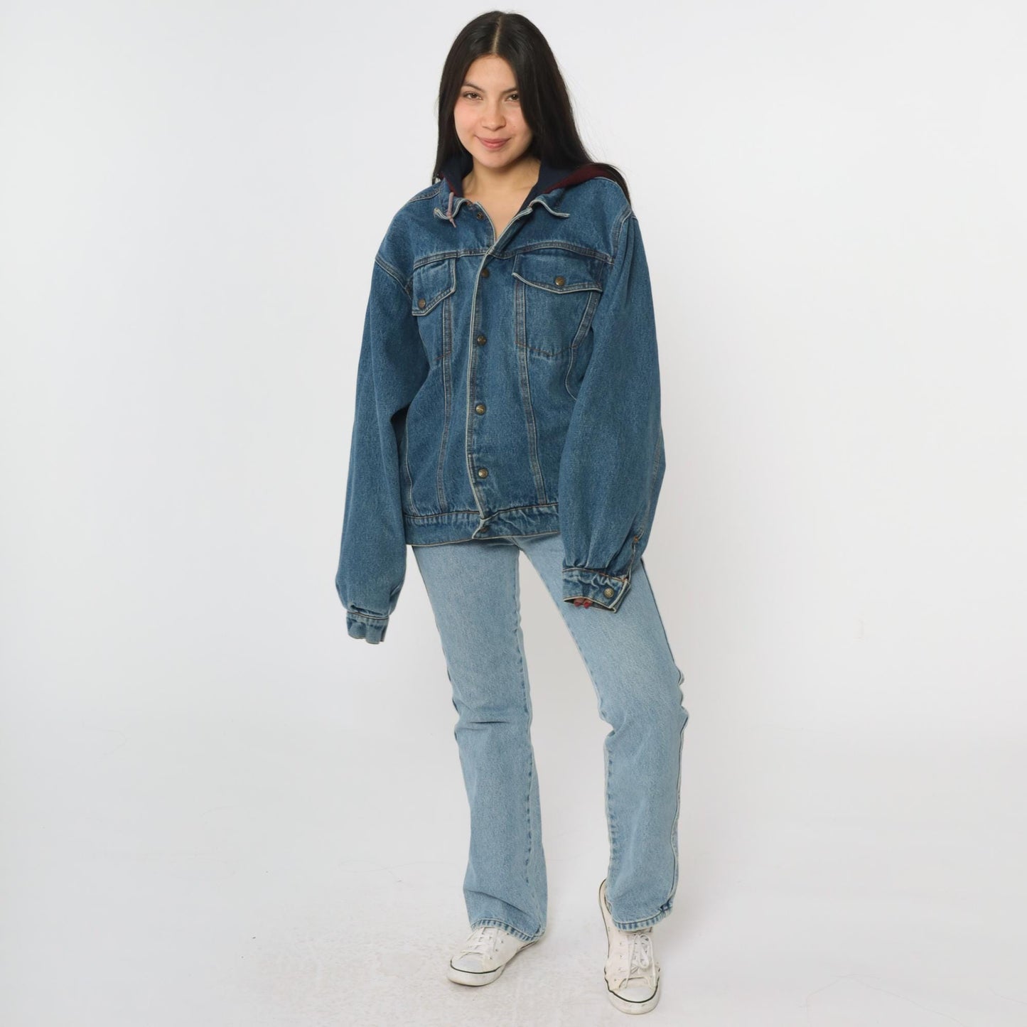 90s Eagles Ridge Outfitters Hooded Denim Jacket Blue Burgundy Medium