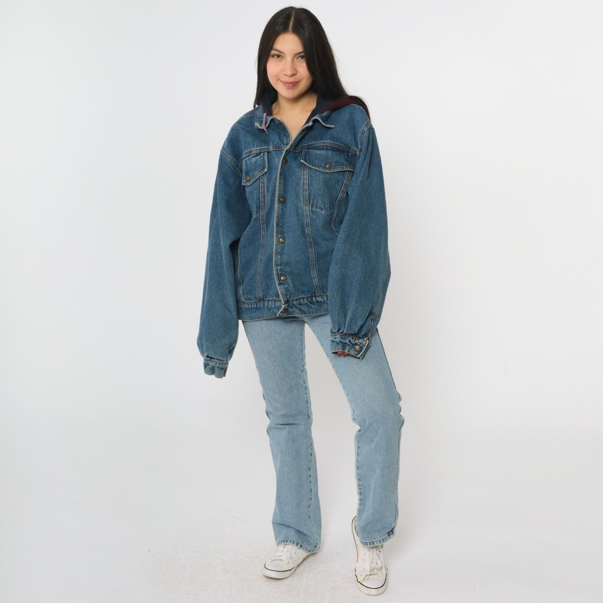 90s Eagles Ridge Outfitters Hooded Denim Jacket Blue Burgundy Medium