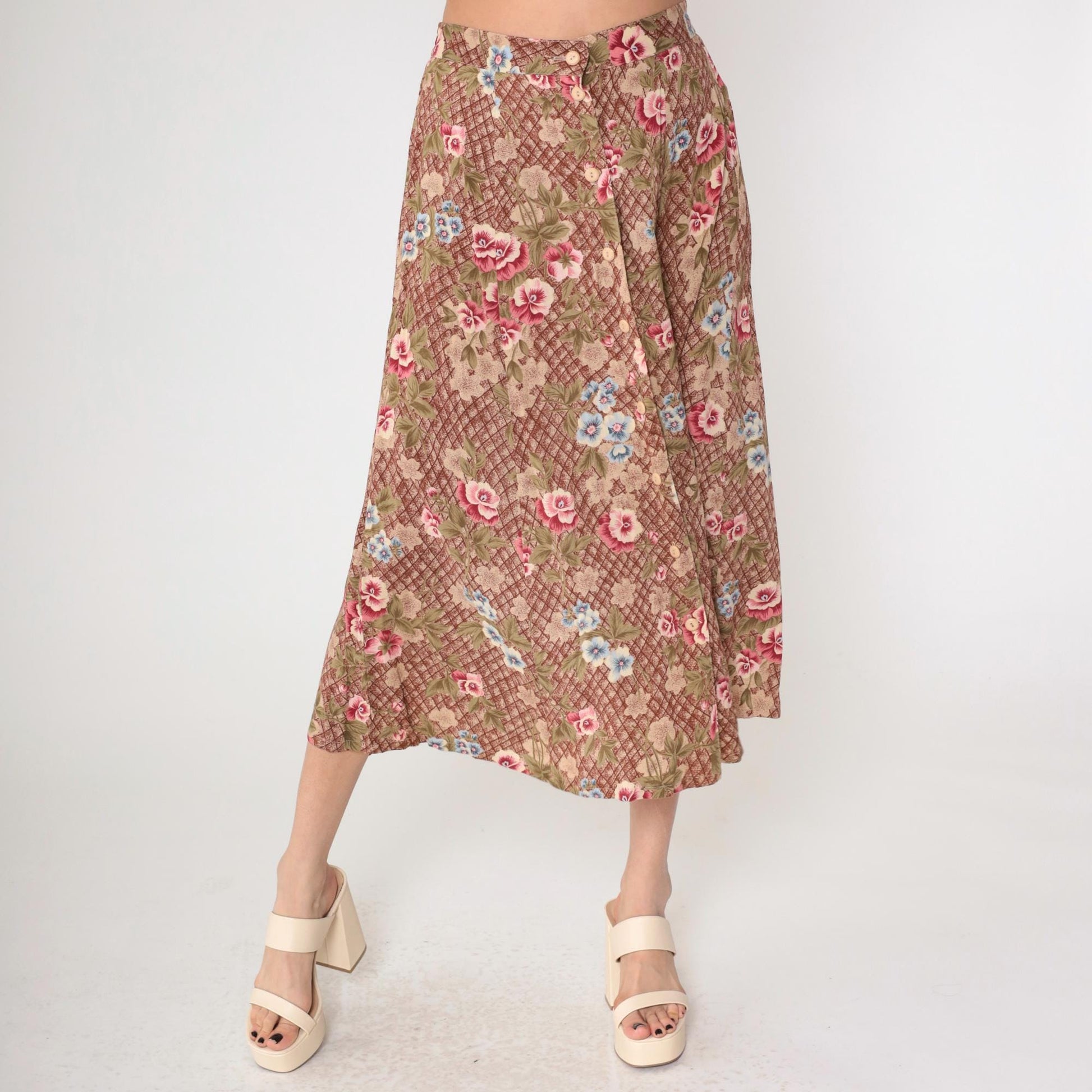 90s Sag Harbor Floral Midi Skirt Brown Checkered Button Front Medium M