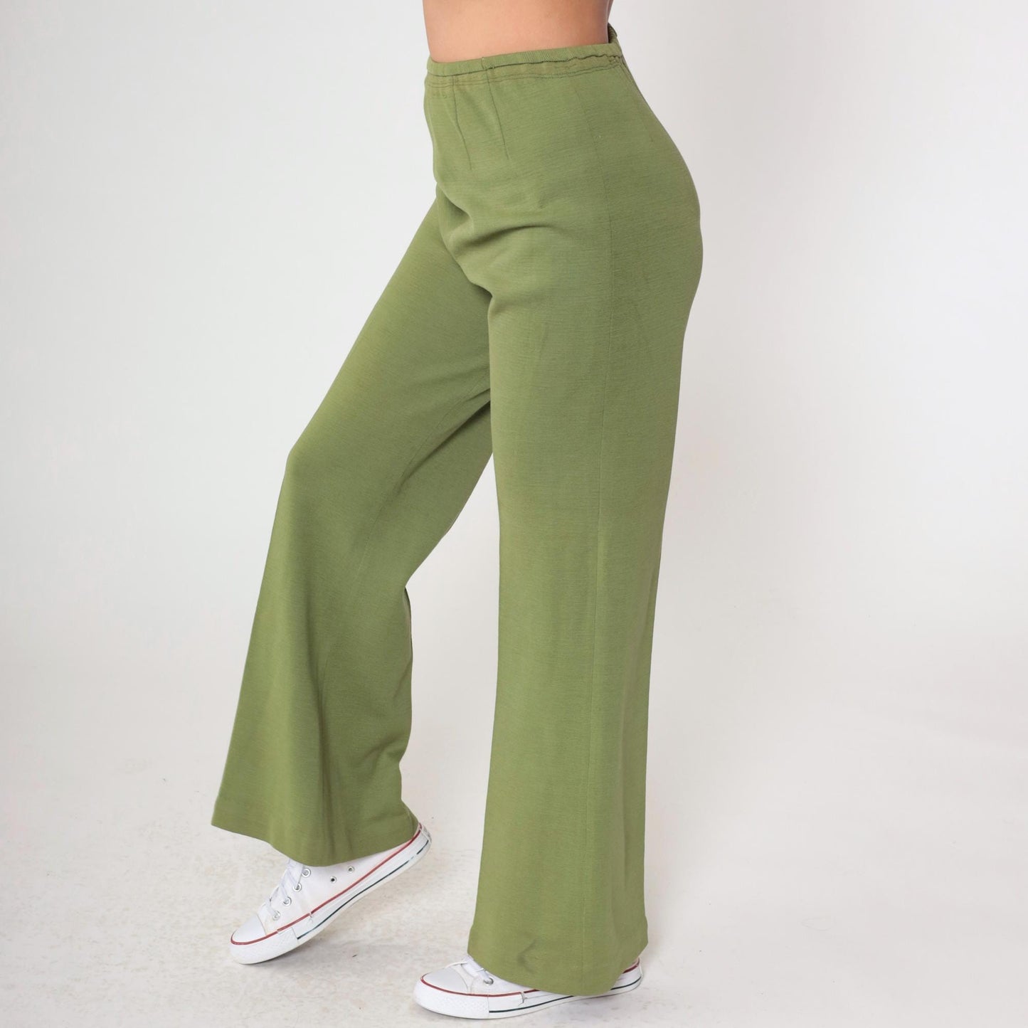 60s Zephyr Wool Flared Trousers Green High Rise Side Zip Small