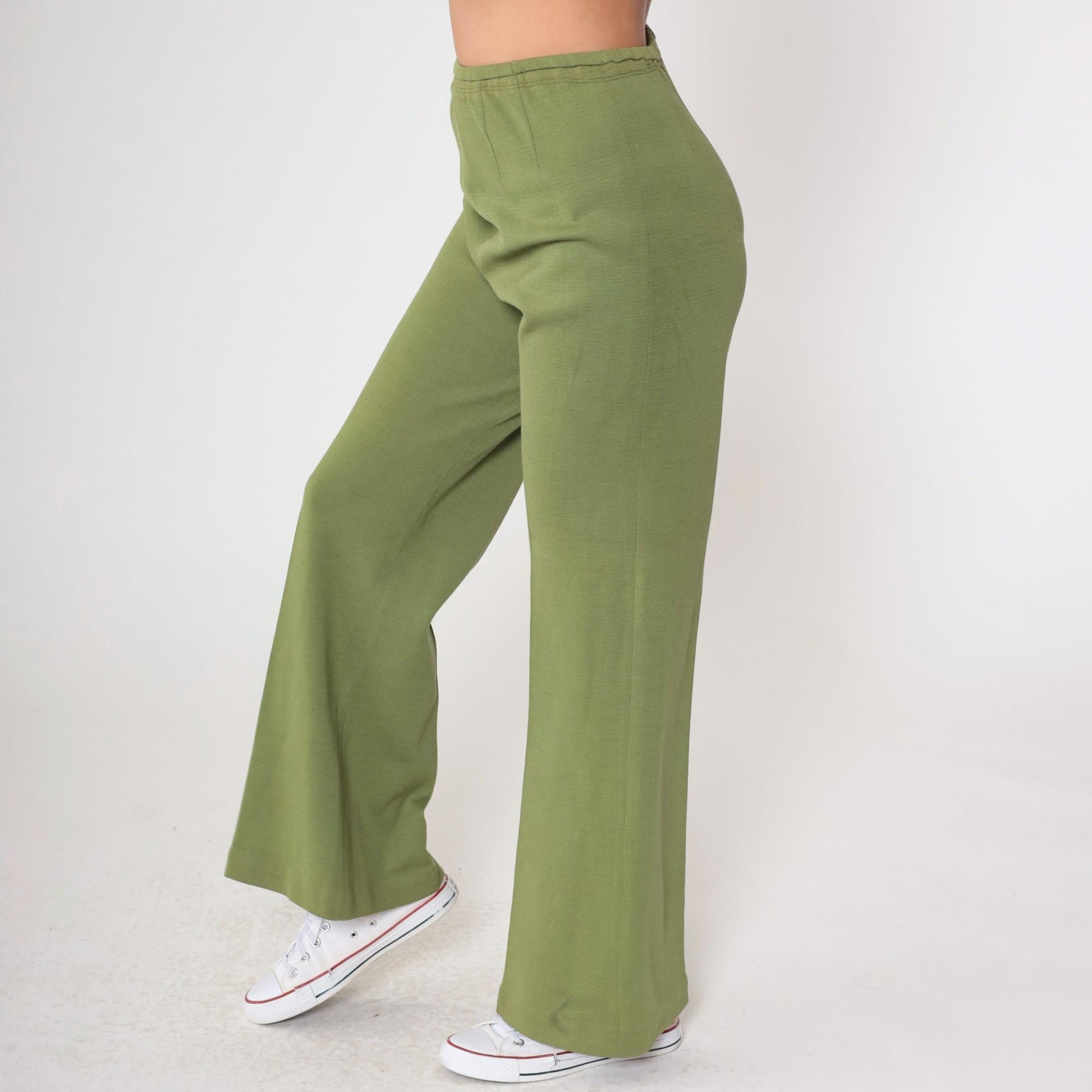 60s Zephyr Wool Flared Trousers Green High Rise Side Zip Small