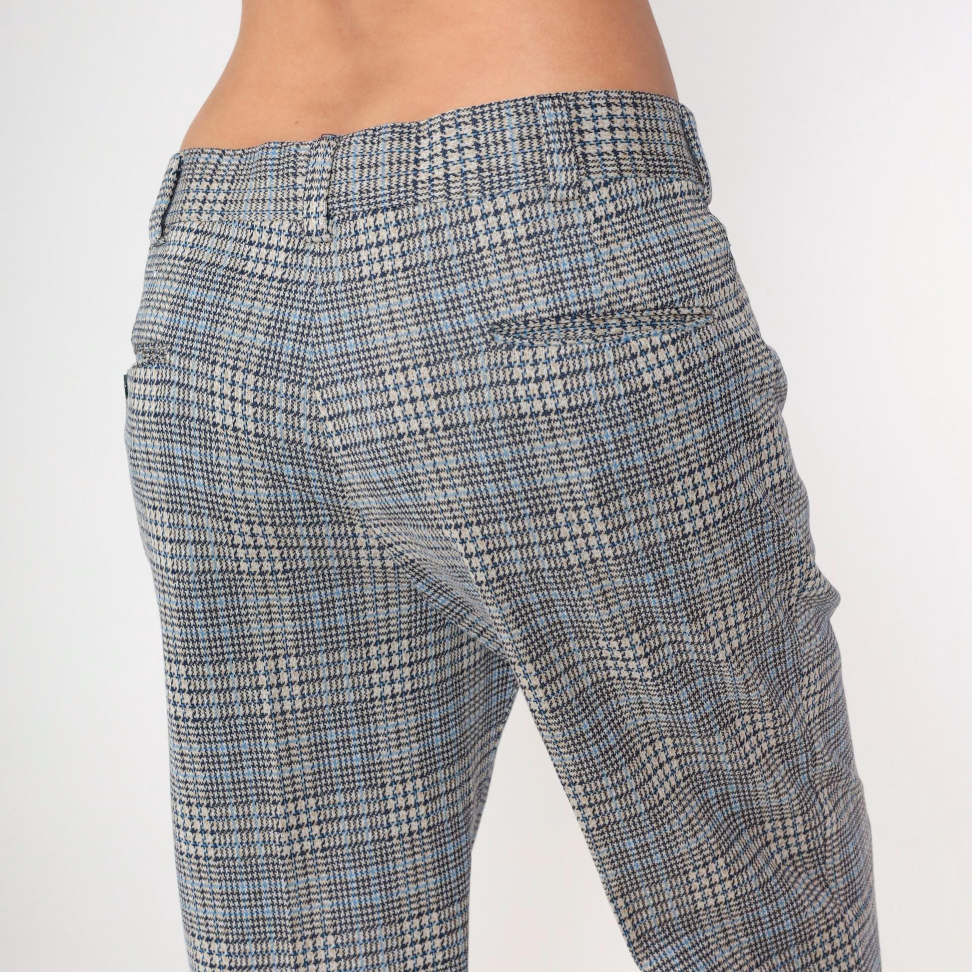 70s Navy Plaid Bell Bottom Trousers High Waisted Flared Pants Large 36