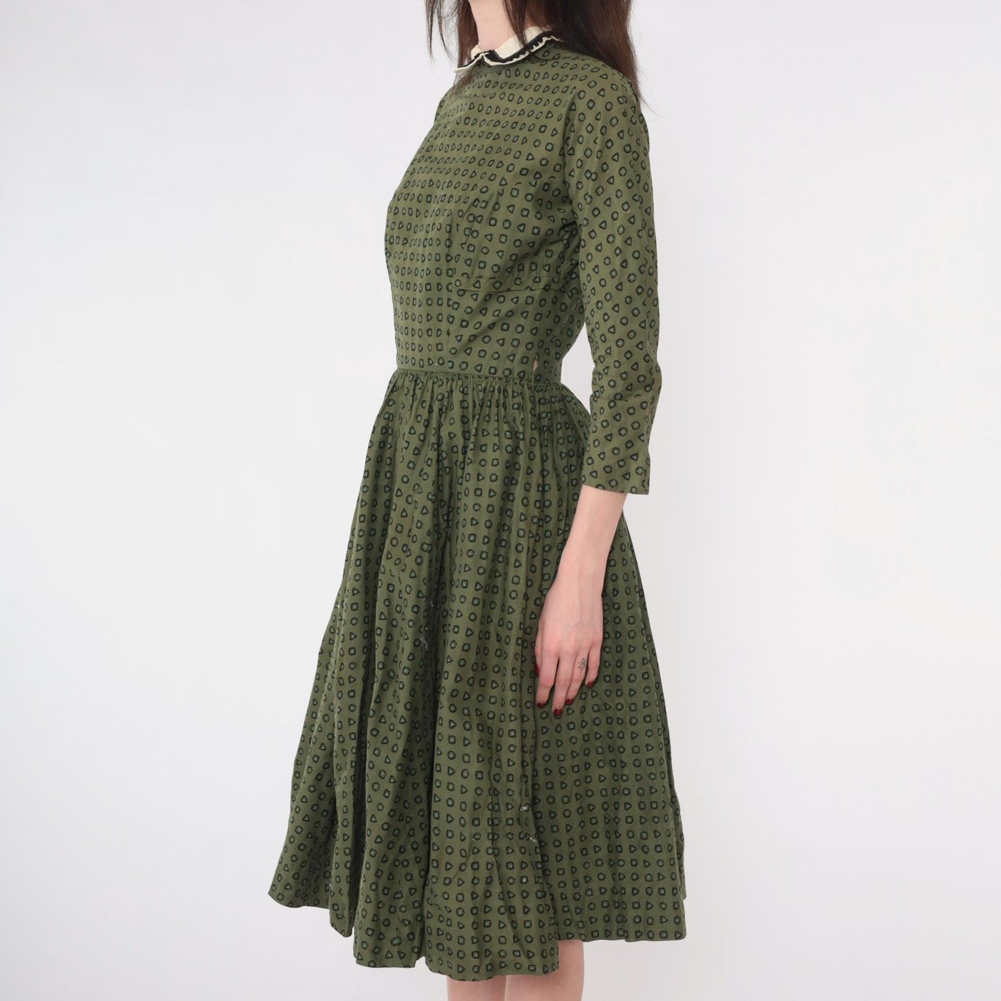 1950s L'Aiglon Fit Flare Dress Olive Green Geometric Peter Pan Collar Midi Extra Small