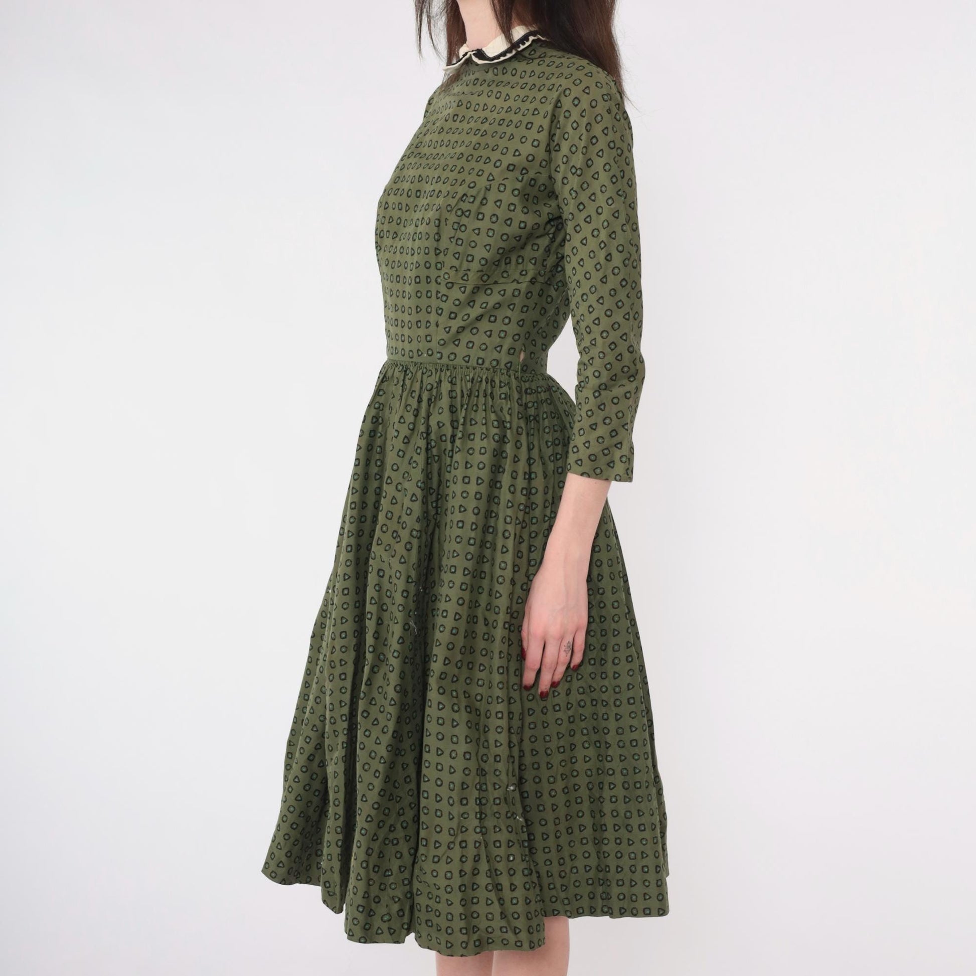 1950s L'Aiglon Fit Flare Dress Olive Green Geometric Peter Pan Collar Midi Extra Small