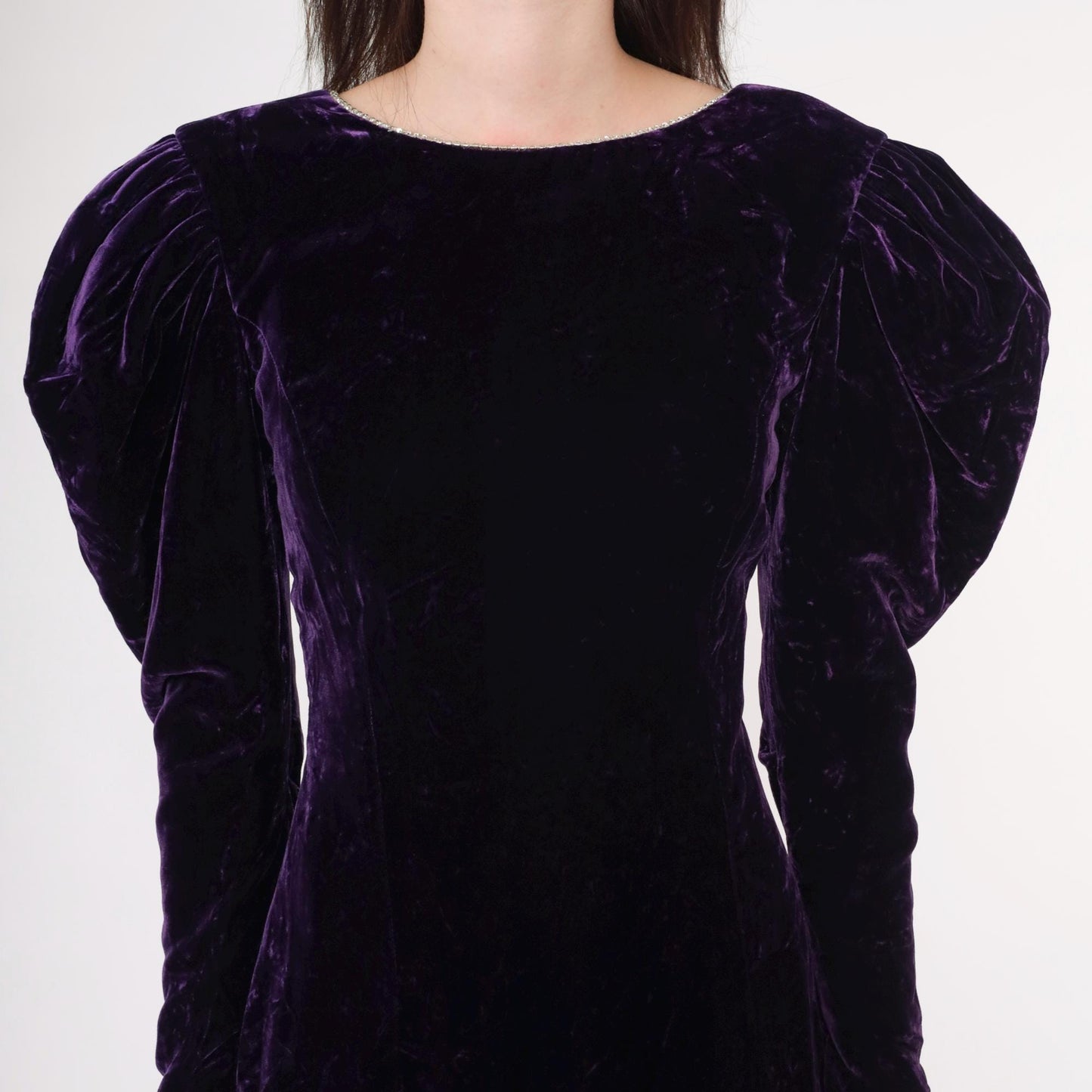 80s Purple Velvet Midi Dress Puff Sleeve A-Line Rhinestone V-Back Extra Small