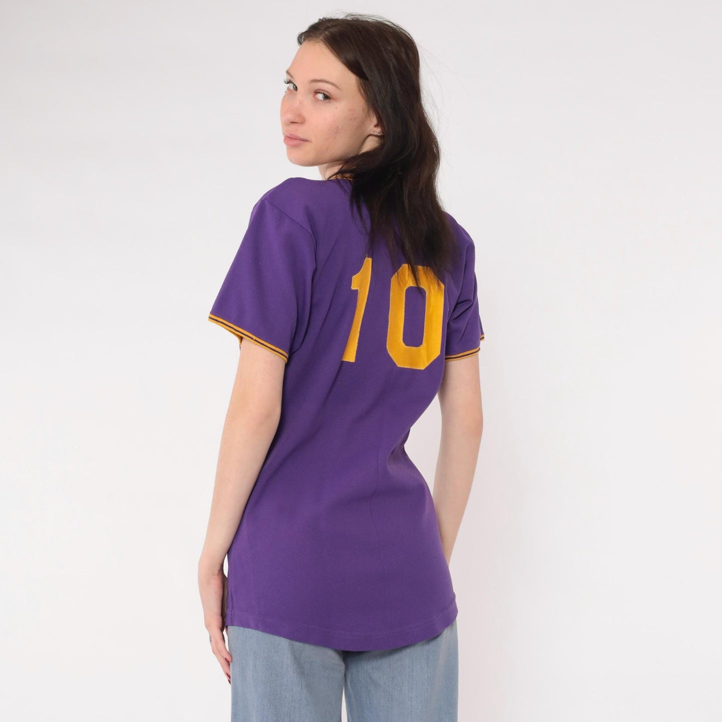 70s TMI Records Ringer Tee Purple Gold Applique Varsity Graphic Small S