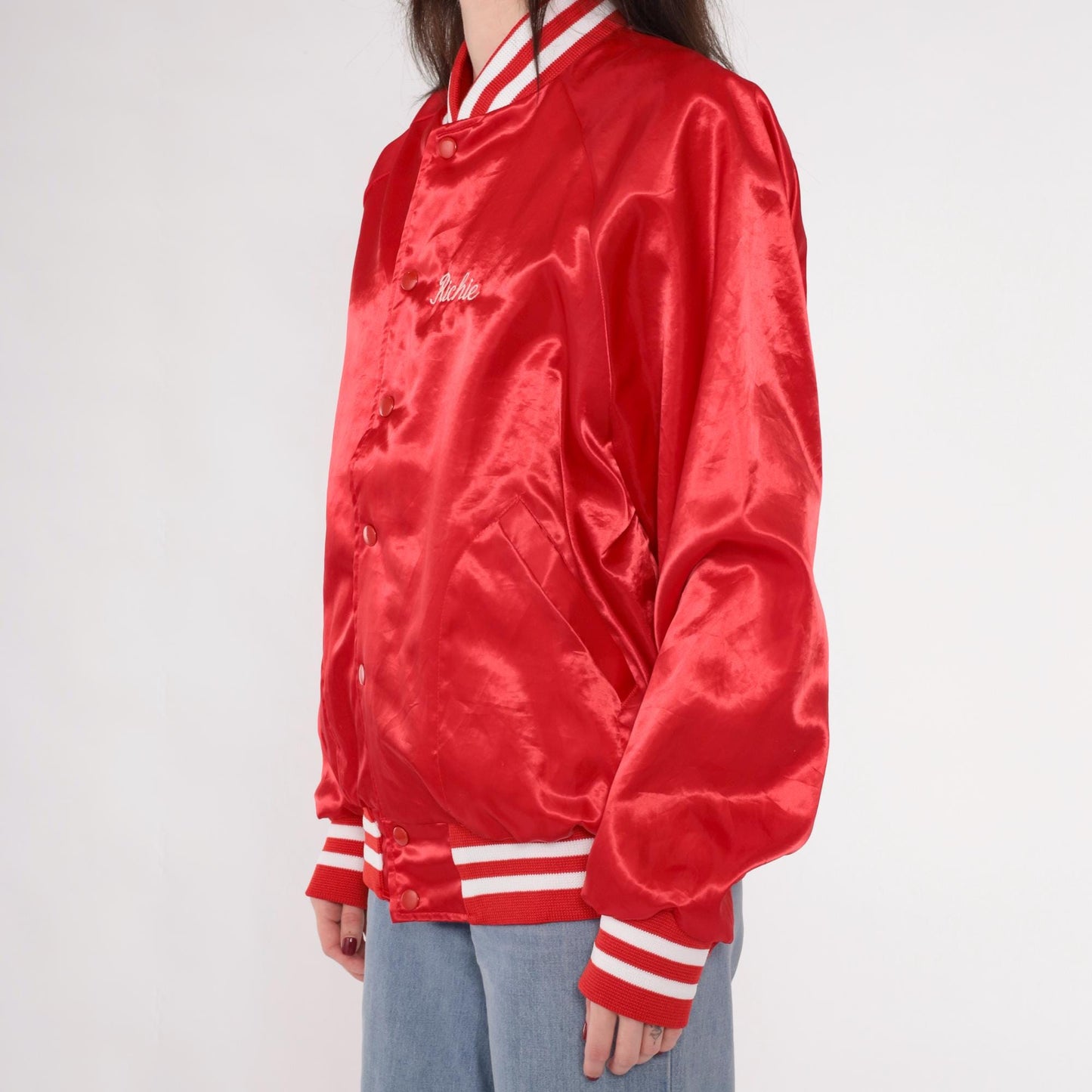 80s Red Satin Bomber Jacket Salem Farms Campground Connecticut Graphic Men's Large