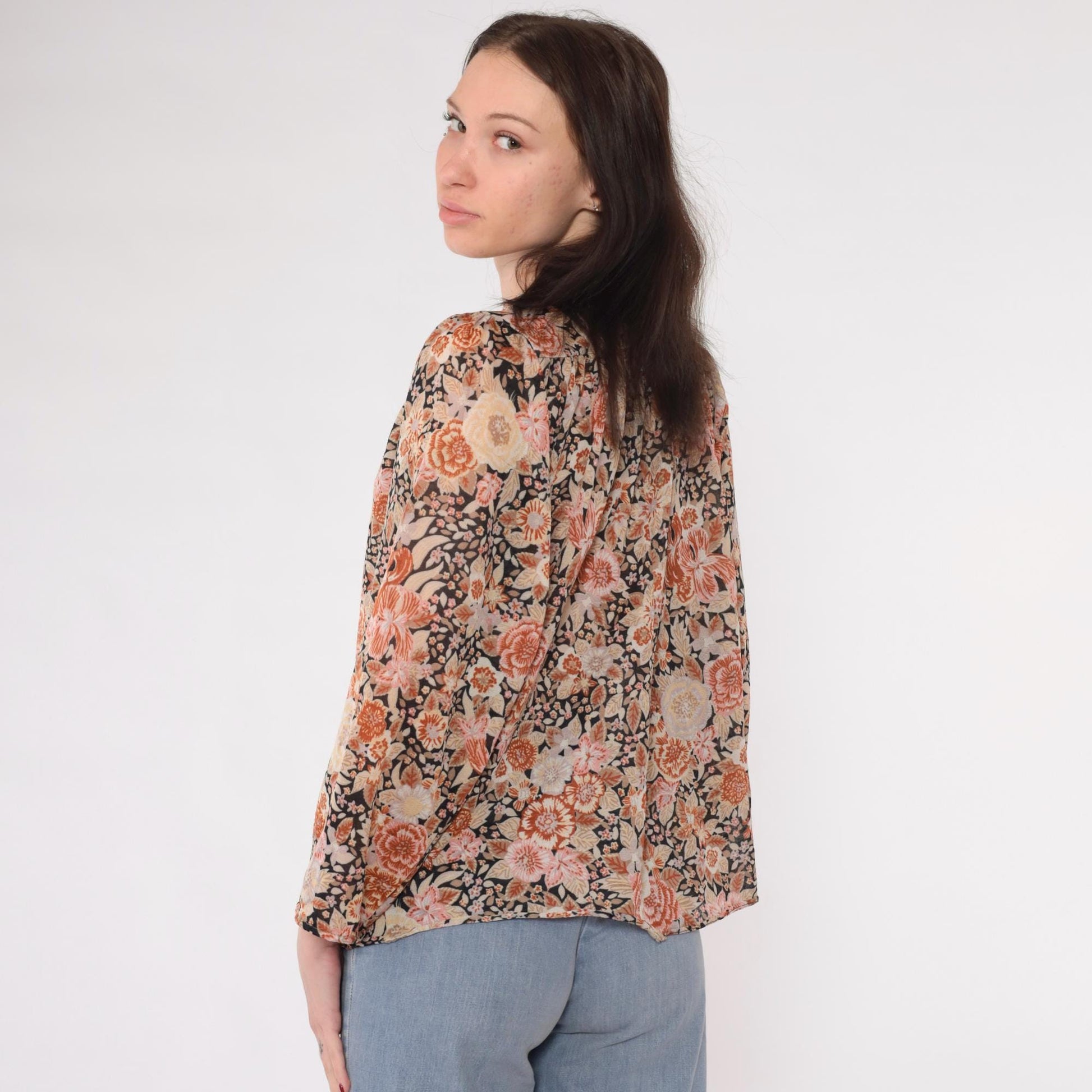 70s Floral Puff Sleeve Button-Up Blouse Burnt Orange Pink Medium M