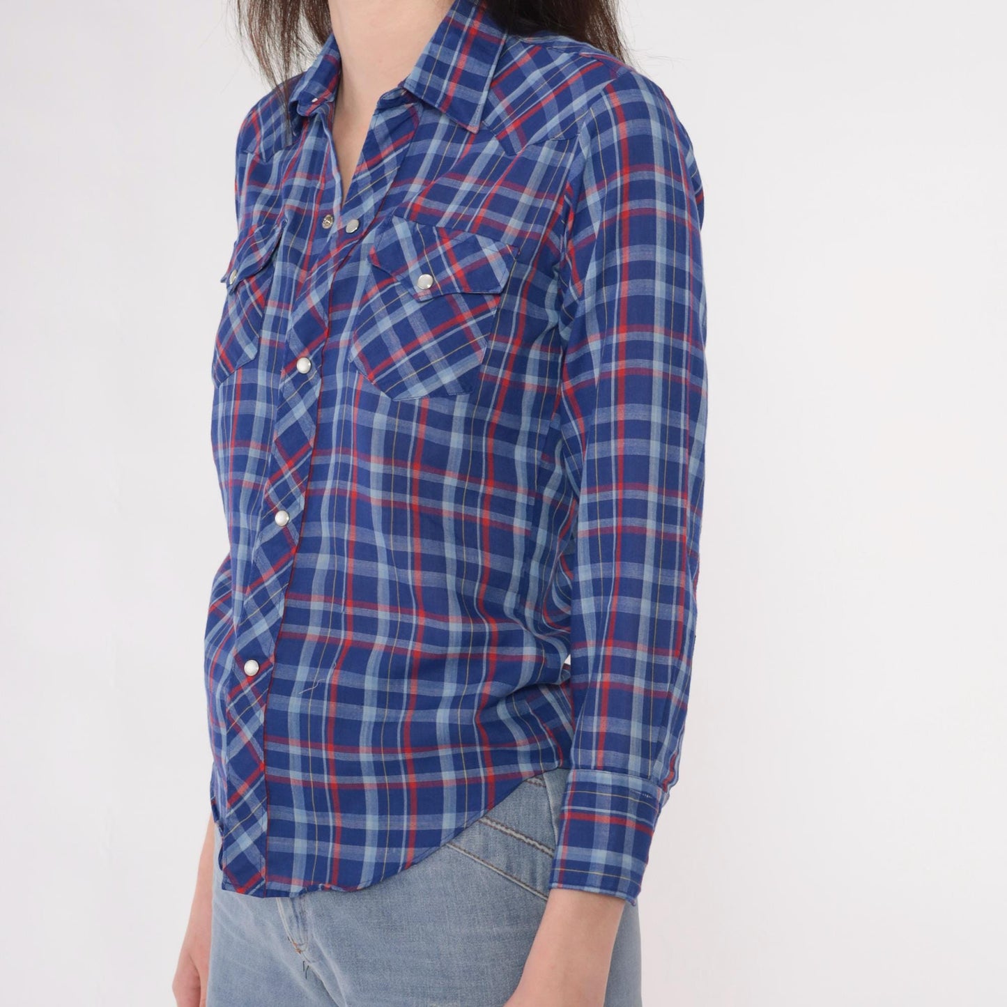 80s Royal Blue Red Plaid Western Shirt Pearl Snap Long Sleeve Extra Small XS