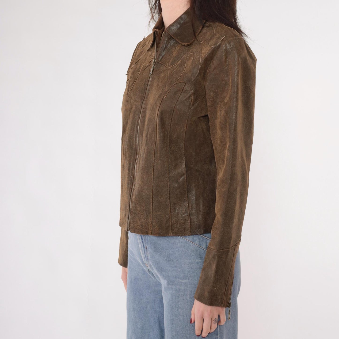 Y2K Brown Leather Moto Jacket Western Flame Applique Fitted Zip Small S
