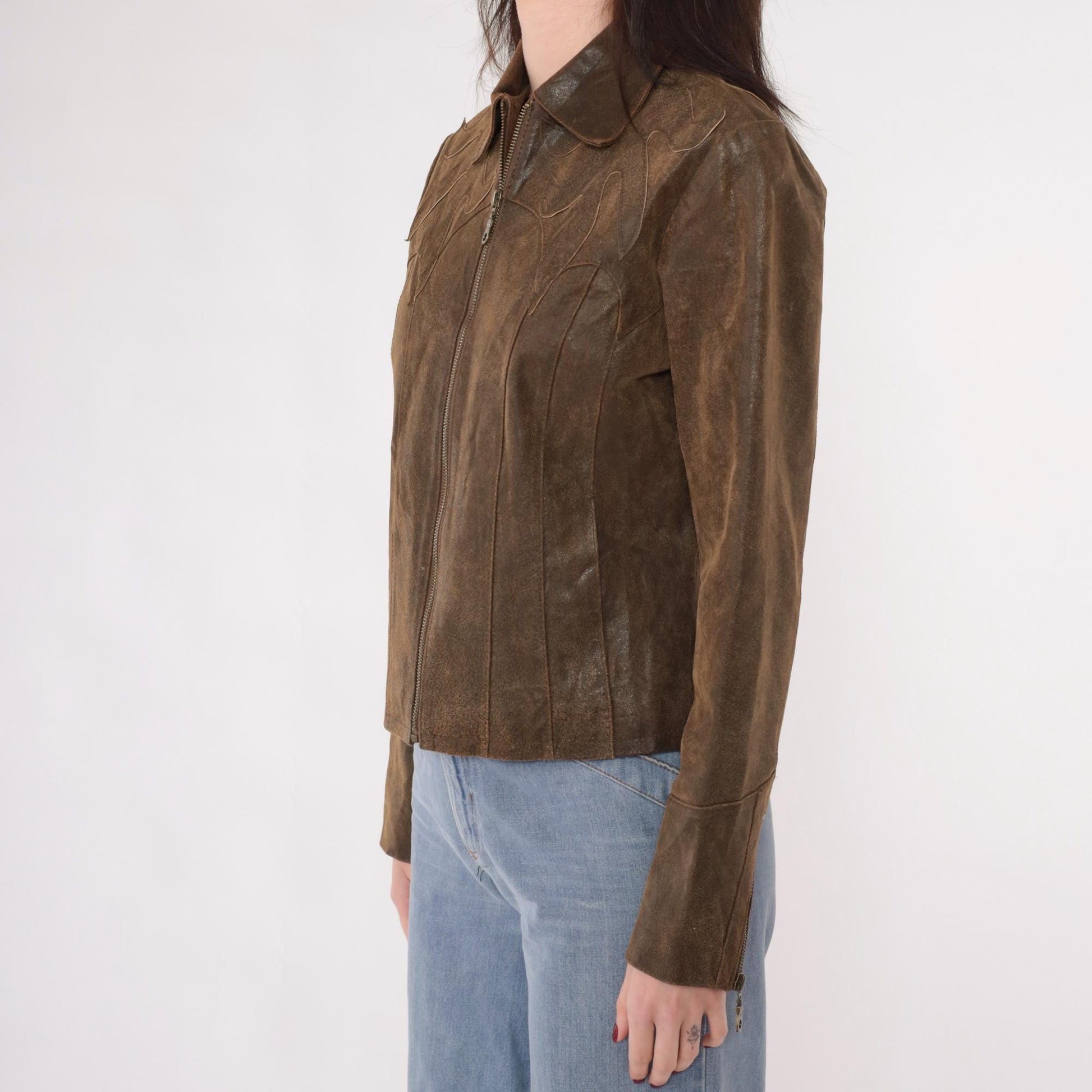 Y2K Brown Leather Moto Jacket Western Flame Applique Fitted Zip Small S