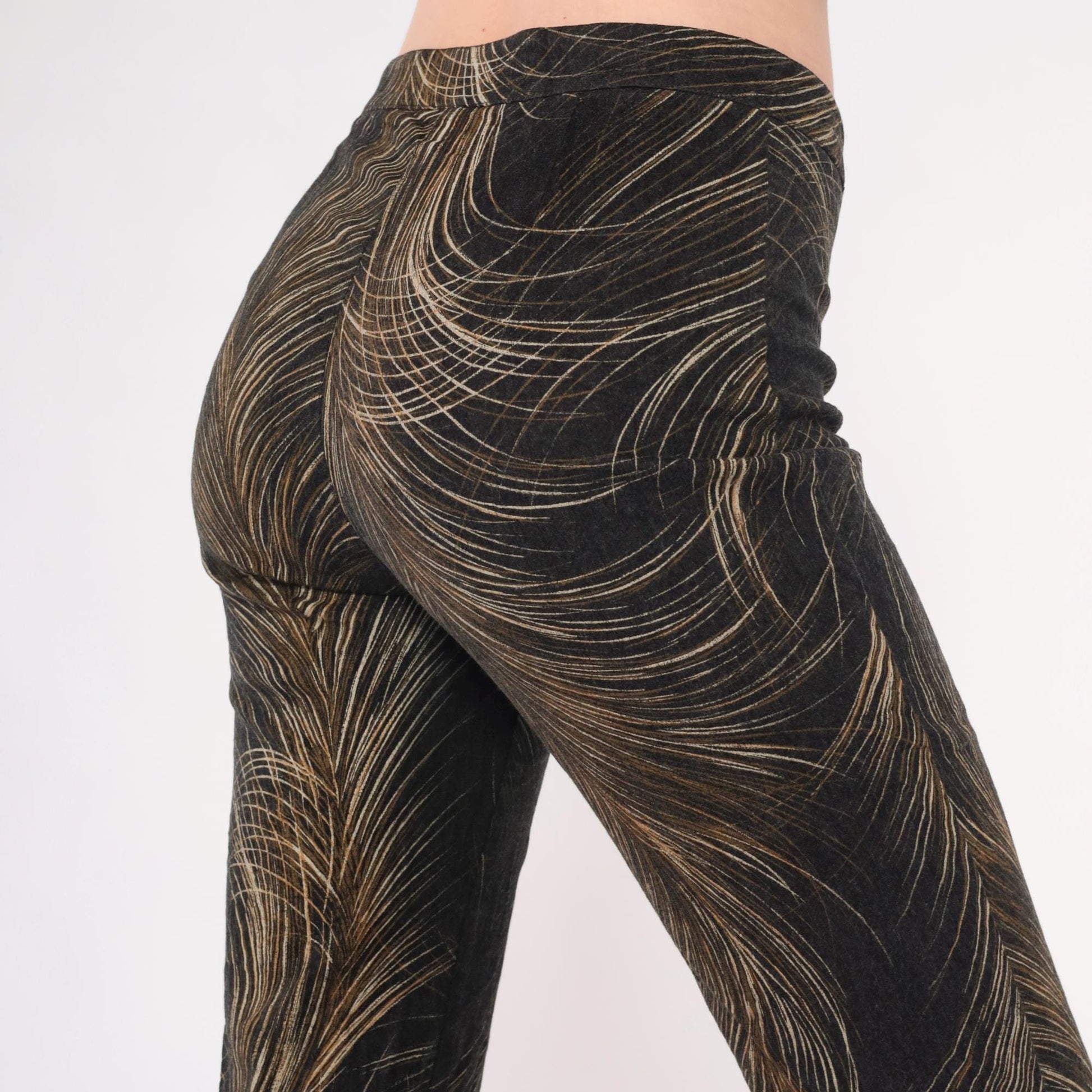 Y2K Cache Feather Print Flared Pants Brown Mid Rise Extra Small
