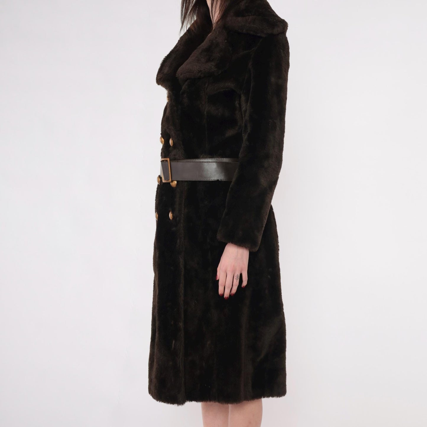 70s Brown Faux Fur Coat Double Breasted with Belt Small S