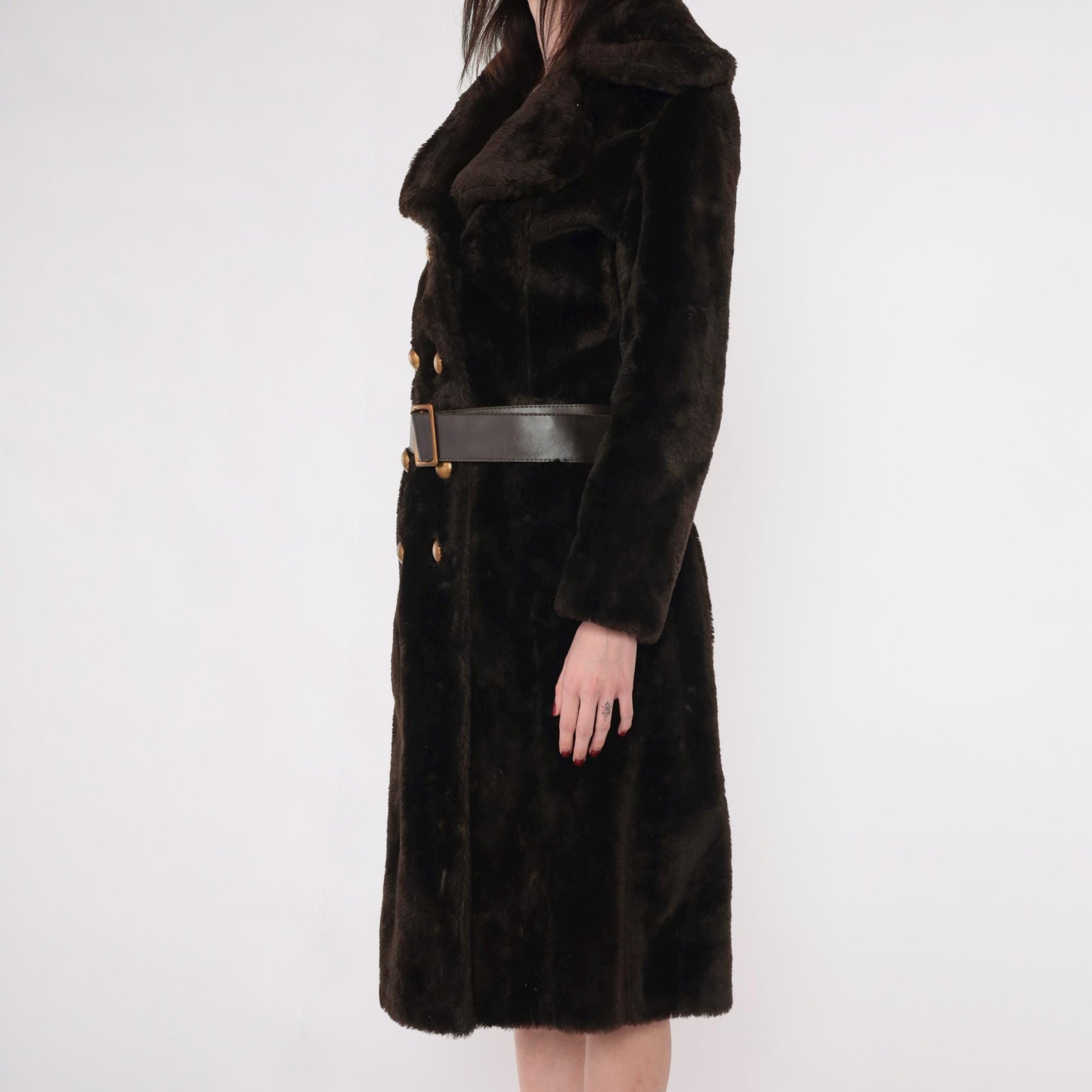 70s Brown Faux Fur Coat Double Breasted with Belt Small S